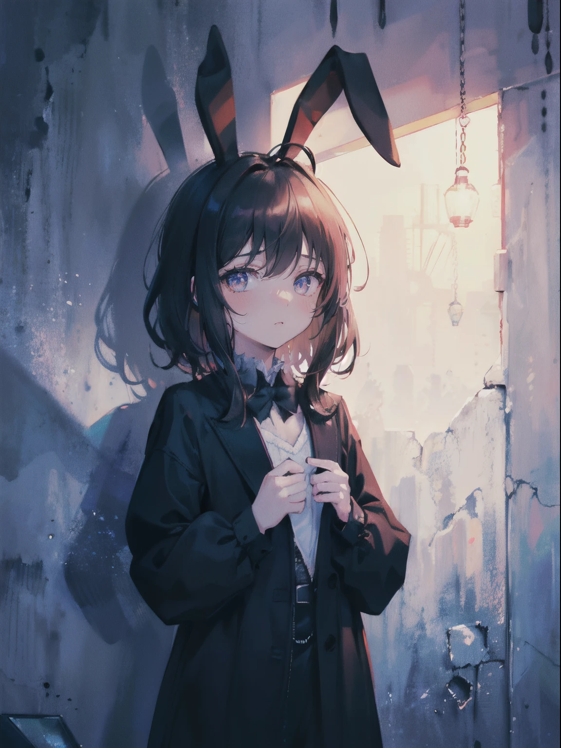 (masterpiece,best quality,ultra-detailed),1girl,pale skin,black hair,messy hair, thick hair,black clothes, small chest,bunny ears,rabbit ears, blushing,dark ambient,((monster girl)), night , starry sky, shadows, shadow face,(dark theme), shadow theme)