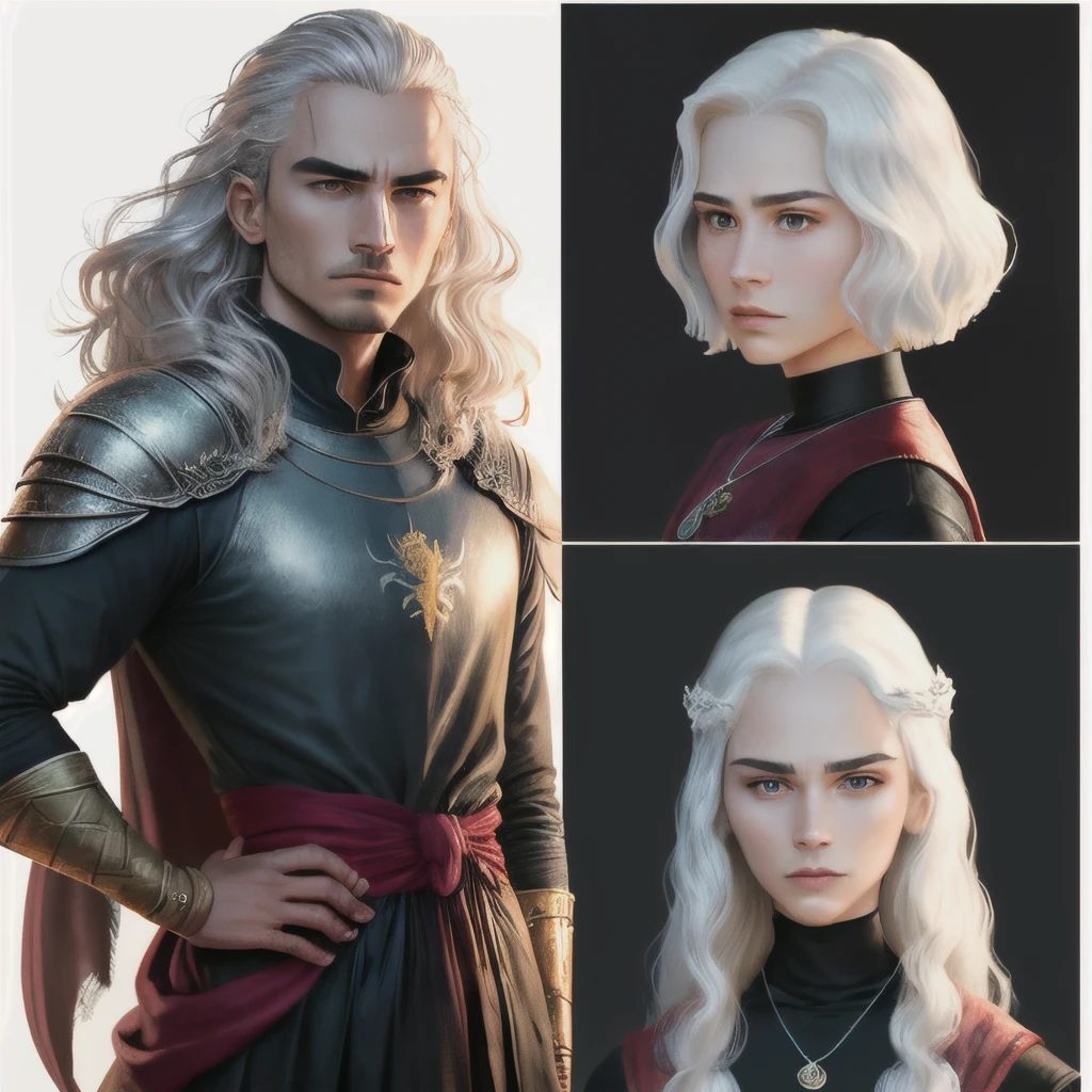 Fanart style with a white background behind with the symbol of the House Targaryen, there are two characters, um homem e uma mulher 

uma garota de aproximadamente 19 anos ela possui: 1,61, um rosto redondo, olhos amendoados da cor violeta , nariz curto, bow-shaped lips skin hear, waist length wavy silver gold hair, busto redondo, quadril fino, e ombros pequenos. Ela usa como vestimenta: vestido no modelo celta com um corte quadrado no busto, the dress is red and black, She wears a necklace around her neck with a silver pendant of the symbol of the house Targaryen. ( the three headed dragon). His expression is serious and so is his look, It&#39;s a rigid pose. 

Um homem de 23 anos ele possui: 1,75, cabelos ouro prateado cortados no estilo cabelo de cuia, straight nose with straight base, your eyes are almond-shaped and blue, His face is shaped like an inverted triangle and his expression is serious.. Your clothes are: Dark leather pants, uma camisa de manga comprida estilo medieval da cor preta, around his neck is a silver chain with the symbol of house Velaryon( um cavalo marinho. He also carries a sword strapped to his waist..  Sua pele e no tom pantone 317-5 C 

Ambos os personagem que eu descrevi devem estar lado a lado na arte.