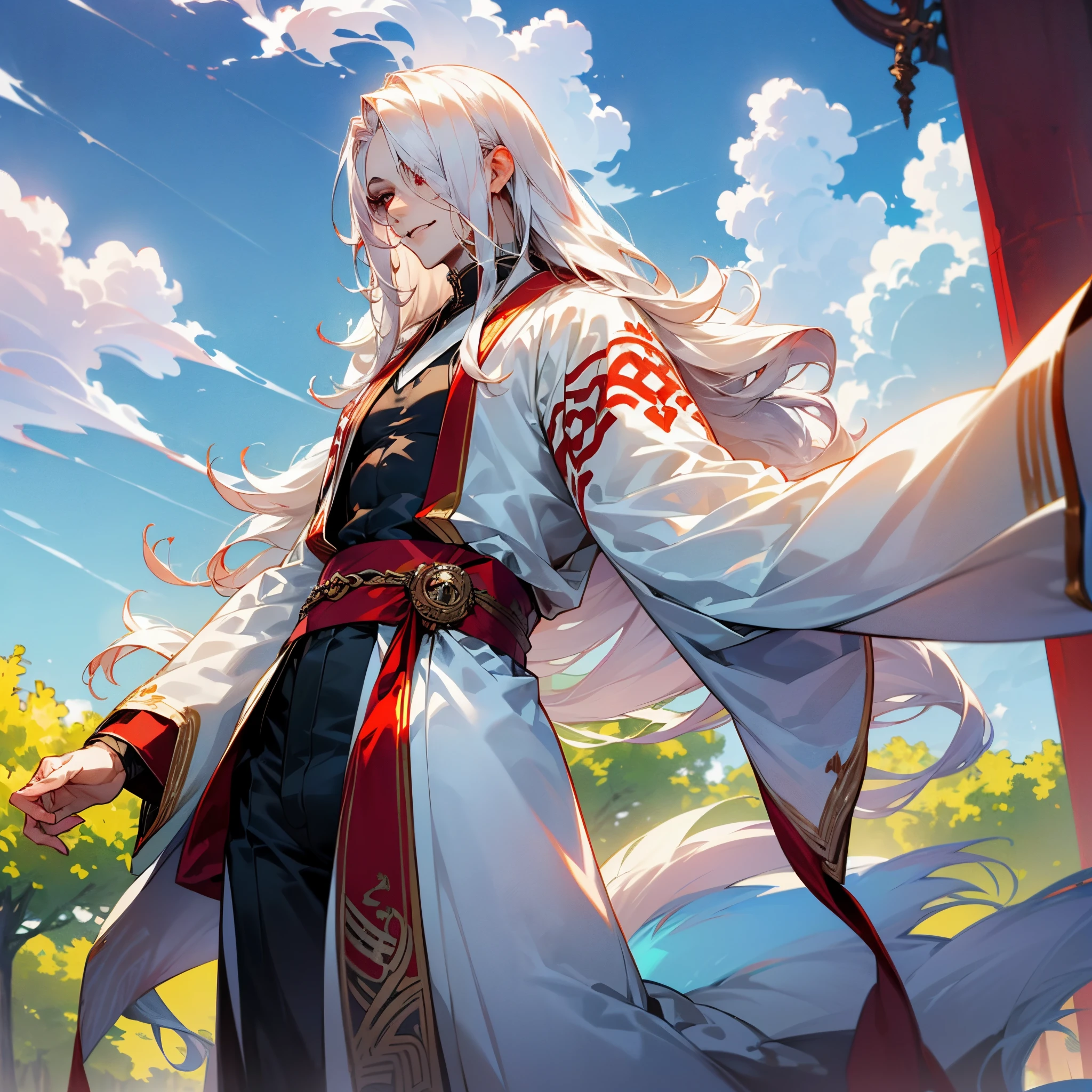 Anime - stylistic image of a man with long white hair, Man with white long hair standing in the lake and looking at the camera, ((tmasterpiece)), ((beste-Qualit, hight resolution, ultradetailed), bright colours, ((((1 male)))), Male character, grown up, tall muscular guy, wide shoulders, Strong Character, Fantasy, dnd, person, red-eyes, albino, The Albino Man, Pure White Long Hair, White long hair (hair above one eye), (big hair), white colored hair, slick hair, straight hair, Creating an atmospheric atmosphere, pale skin, macabre, Gloomy design, Has red smoke and aura, eldritch, Creepy, nightmarish, light around the head, Additional lighting, Against the background of the sky, ((fluffy clouds)), bright sunny day, light mist, in a white kimono, looks at the viewer, canny smile, smirk, muscular back, Men's Back, white-haired god, White silk garment, Gold Pattern