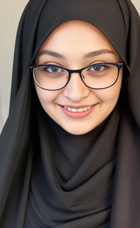 Full portrait of a 23 years old barefoot woman wearing a black hijab, glasses and a longsleeved long modest dress, calm smile, blue eyes, freckles.