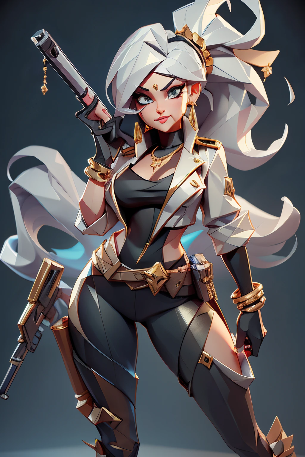 blender, 3d model, low poly geometry, sexy pirat woman sticking tongue out of her mouth, with a gun in her hand, wearing black lather leggings, wearing a lot of golden jewellery on her wrists, masterpiece, silver hair