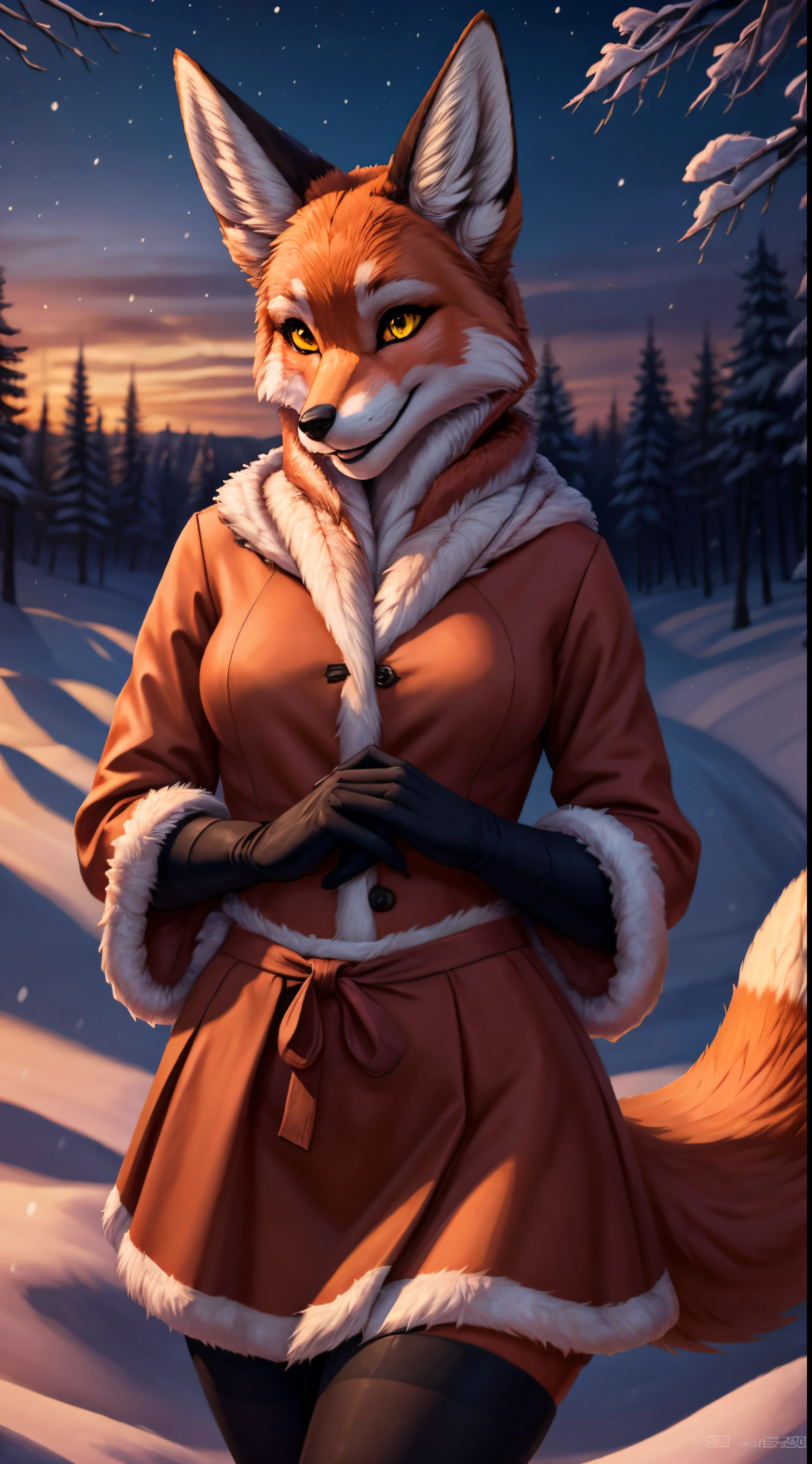 Alice, Furry Fox, Furry, 1 girl, female focus, looking a viewer, Smile, Fluffy, yellow pupils, Detailed fur, Short skirt with fur trim, Short Stockings ((Absolute Territory)), joyful face, Detailed background, Beautiful and detailed portrait ((woman's)), black gloves, Orange clothing with fur trim, Orange sleeves with fur trim, Orange fur coat with fur trim, Fox Ears Small Size Best Quality, Detailed fur, ((tail correct position)), Curvy shapes, blusher, winter, Beautiful night sky, snowflakes, the night, Detailed Face, detailed hands and fingers, High-quality hands and fingers, Perfect anatomy of the body, Perfect anatomy of the hand, Perfect finger anatomy, skinny waist, winter boots, uploaded on e621, Masterpiece, Best Quality, hiquality, high definition, high quality textures, High quality shadow, high detail, Beautiful detailed, Finely detailed, extremely detailed CGI, detailed texture, Artstation contest winner, Furry art, a beautiful fox lady, very very beautiful furry art, furry fantasy art