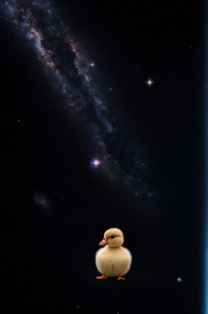 Cute baby duck in space with galaxy in the background