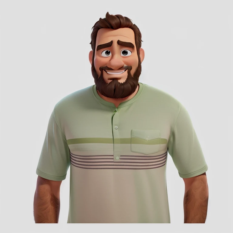 Estilo pixar disney desenho animado, Homem magro feliz de barba, usando camiseta na cor verde.