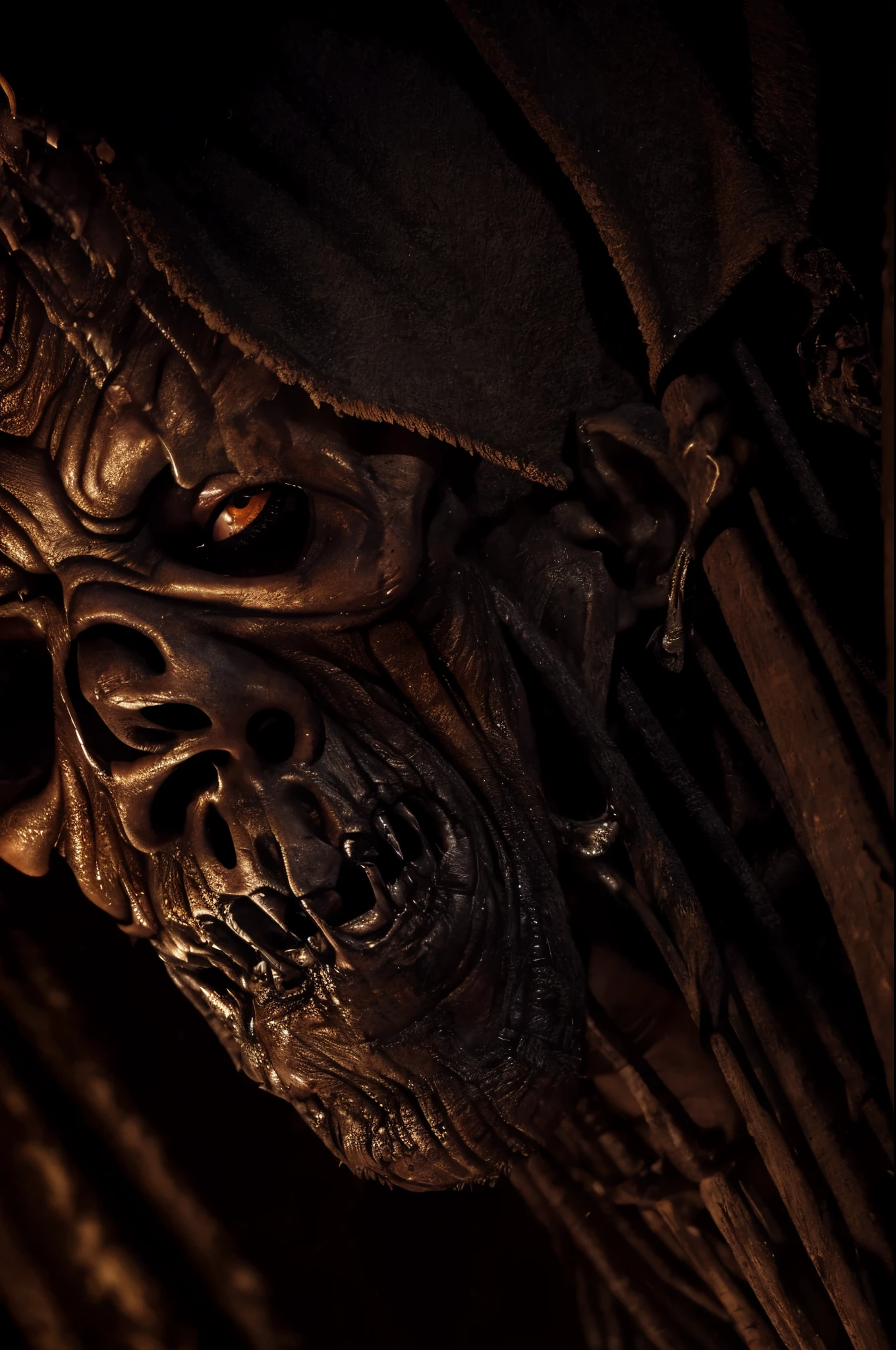 (best quality,4k,8k,highres,masterpiece:1.2),ultra-detailed,(realistic,photorealistic,photo-realistic:1.37),grotesque horned demon,open sores,gore,scars,beheads an old wrinkled pirate,terrifying expression,dark atmosphere,demonic eyes,horrifying features,distorted horns,dripping blood,ocean backdrop,rotting flesh,ominous lighting,thick smoke,ominous shadows,menacing presence,hauntingly detailed demonic face,wrinkled pirate with a beard and eyepatch,bloody execution,cruelty,macabre scene,dark magic summoning,haunting background score,horror ambiance,intricate demon tattoos,bloody sword,expression of agony and fear,severed head,fear-stricken eyes,life-like textures,nightmarish interpretation of hellish creatures,terrifying encounter,gritty and grim visual style,vivid colors with a desaturated tone,close-up of the gore and scars,shot from a low angle,reflection of the demon's face in the pirate's eye,nightmarish interpretation of hellish creatures,nightmarish setting with skeletal remains.