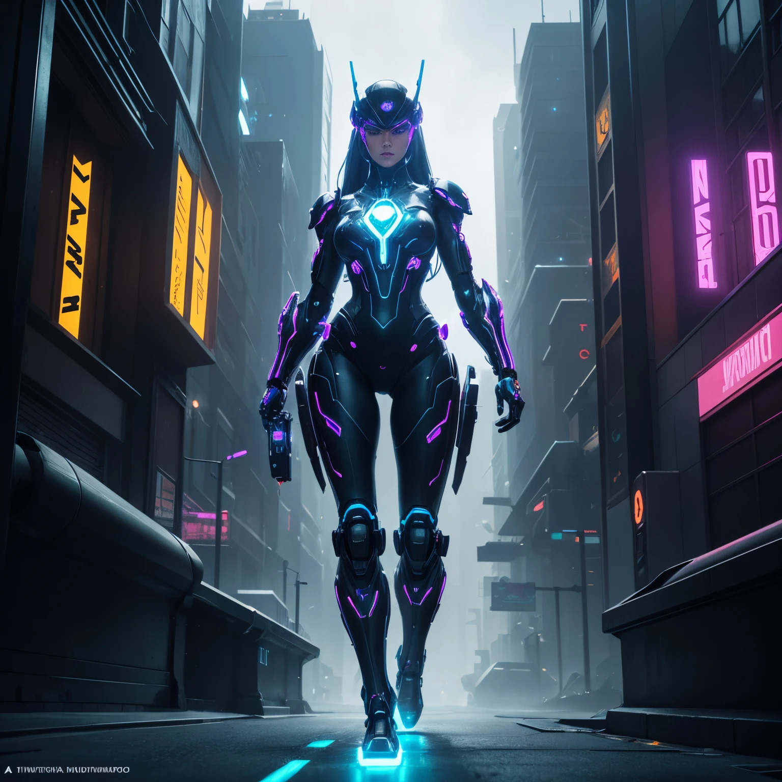 Futuristic robot that looks like a human woman, glowing neon eyes, glowing neon cybernetic circuitry showing in arms and legs, full body frontal , large DD breasts, futuristic city background, walking down the street, ethereal fantasy, hyper-detailed mist, Thomas Kinkade, 8k resolution concept art by Greg Rutkowski, Artgerm, WLOP, Alphonse Mucha, dynamic lighting, hyper-detailed, intricately detailed, Splash art trending on Artstation, triadic colors, Unreal Engine 5 volumetric lighting