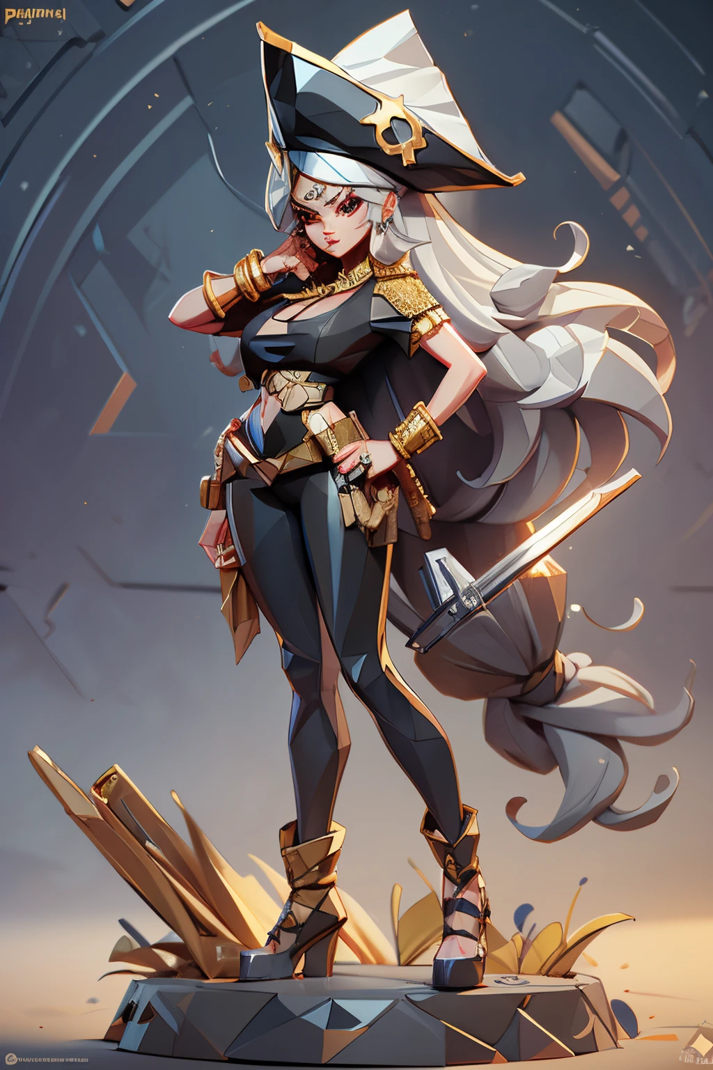 best quality, (masterpiece),(ultra-detailed), (high quality), (high resolution), 1girl, bandana, bandeau, blue eyes, cleavage, dark skin, dark-skinned female, earrings, eyelashes, hoop earrings, jewelry, long hair, medium breasts, pirate, solo, solo focus, white background, white hair, zola, full body standing, seriouse facial expresion, pants,lance holding