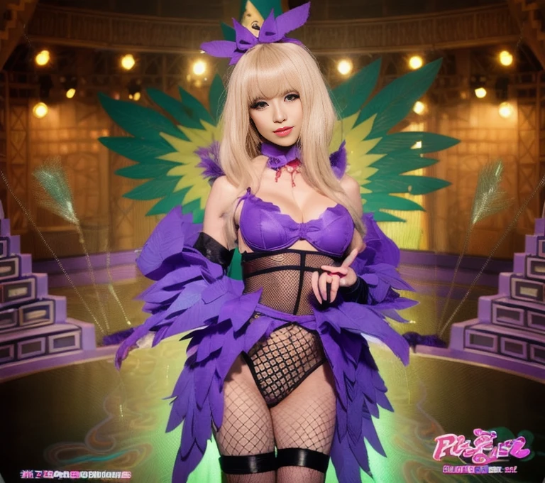 a blond、Nice body、See-through bondage、fishnet tights、boots、garterbelts、String panties that dig into the pussy、Purple feathers、Purple eyeliner、Purple eyeshadow、diadems、Live Stage、red wig、Mysterious、A sexy、see -through