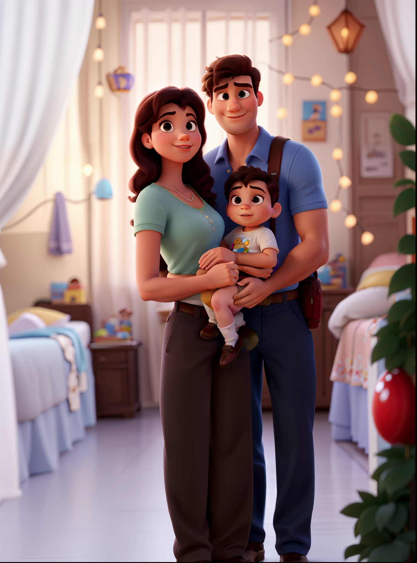 Homem e mulher gestante, apaixonados, with a baby on your lap, Disney pixar |