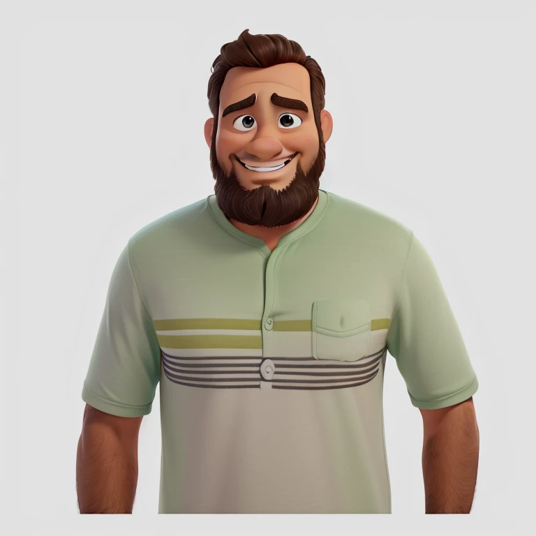 Estilo pixar disney desenho animado, Homem magro, feliz de barba, com falhas nos dentes,usando camiseta na cor verde.