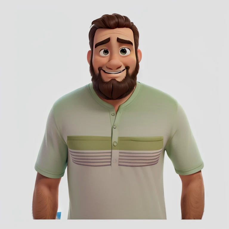 Estilo pixar disney desenho animado, Homem magro, feliz de barba, com falhas nos dentes,usando camiseta na cor verde.