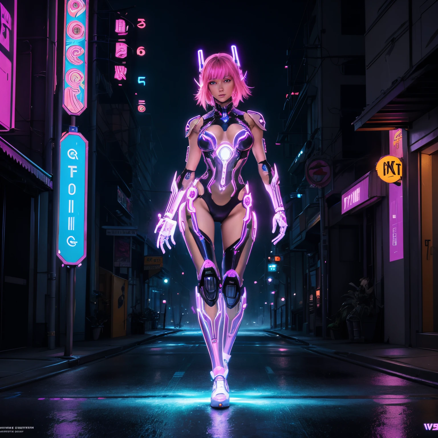 (masterpiece:1.2, best quality:1.2, beautiful, high quality, highres:1.1, aesthetic), detailed, extremely detailed, ambient soft lighting, perfect eyes, perfect face, 1girl, long blue hair, hair ornament, pink cybernetic, pink cybernetic_enhancements, red cybernetic amor, amor shoulder, looking at the viewer, slim body, futuristic cities, sexy pose, erotic pose, full_body, silver, night time, neon outlines, galaxies, full body