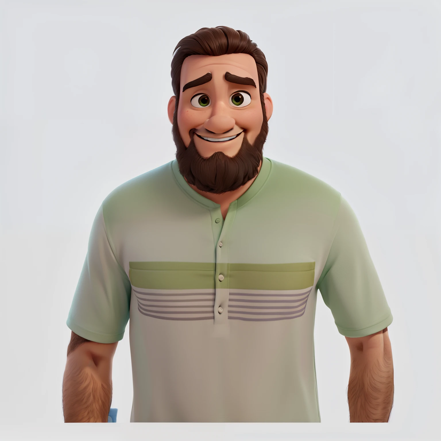 Estilo pixar disney desenho animado, Homem magro, feliz de barba, com falhas nos dentes,usando camiseta na cor verde.