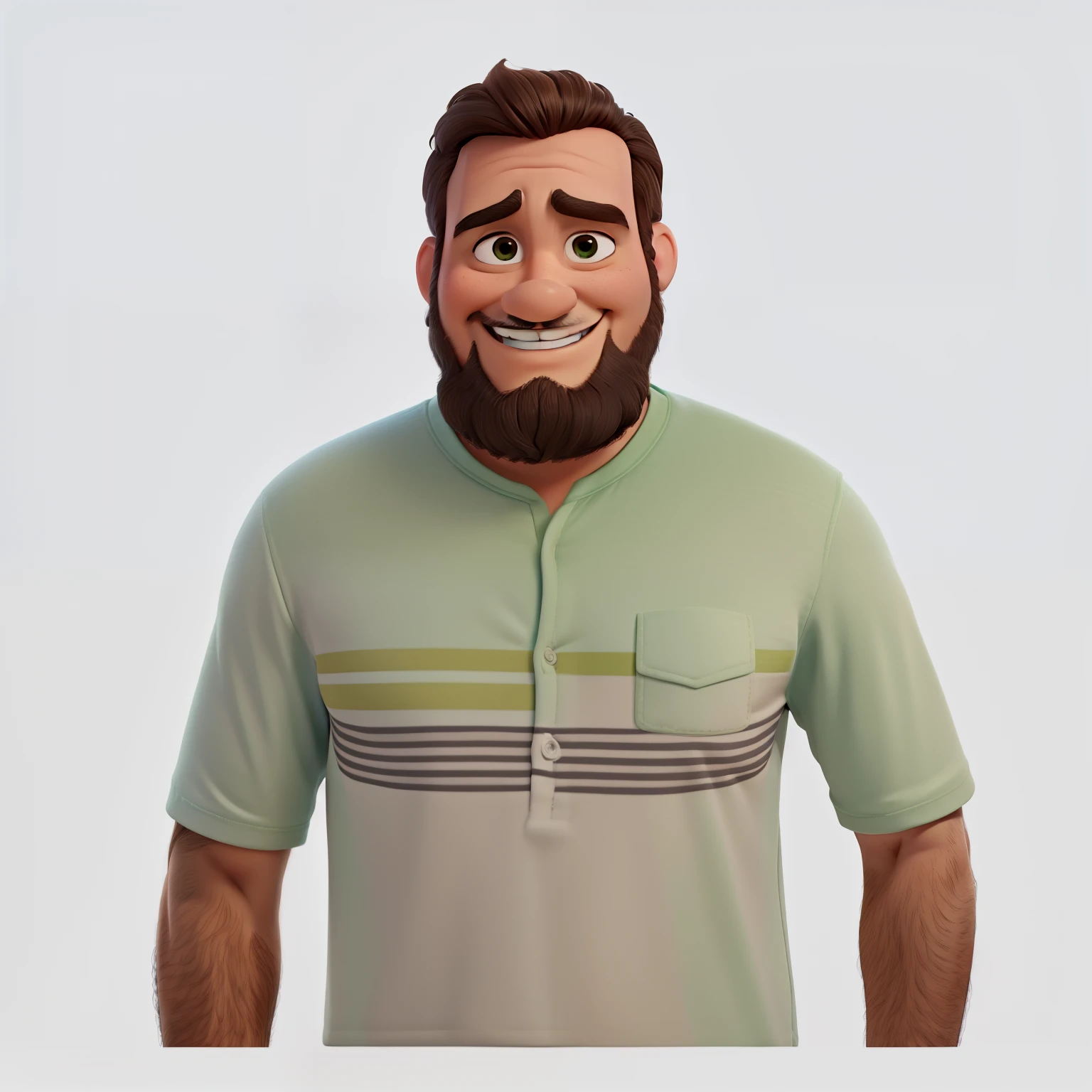 Estilo pixar disney desenho animado, Homem magro, feliz de barba, com falhas nos dentes,usando camiseta na cor verde.