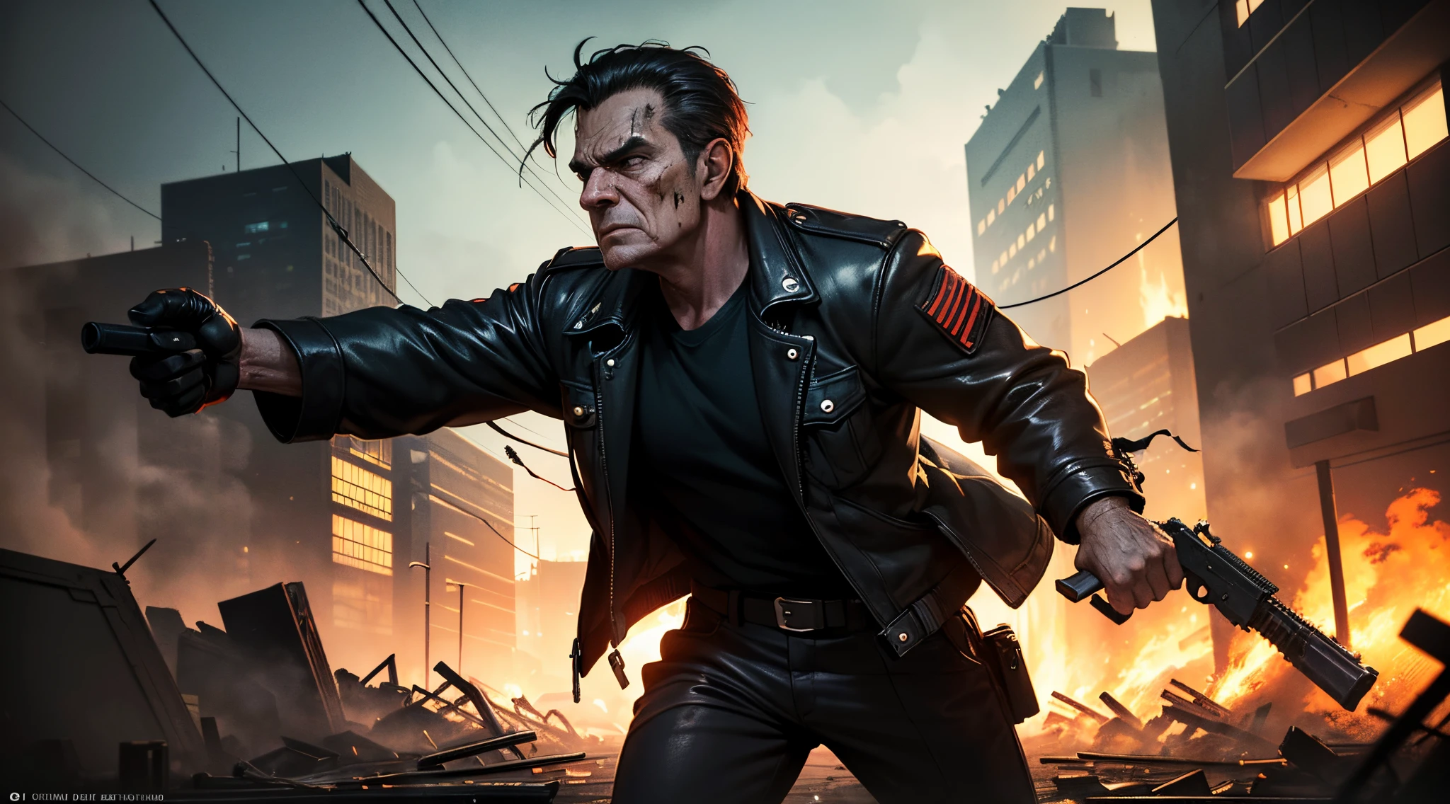 (best quality,4k,8k,highres,masterpiece:1.2),ultra-detailed,(realistic,photorealistic,photo-realistic:1.37),brutal anime guy,gun in his hands,shirt torn,burning helicopter,dark places of Tokyo, intense action,post-apocalyptic scene,smoke and fire effects,scattered debris,blood splatters,detailed facial expression,dystopian atmosphere,neon lights,crumbling buildings,ominous shadows,speed lines,high contrast colors,gritty texture,misty ambiance,doomsday,desperation,surreal,explosive energycompact, dramatic perspective,urban warfare,industrial setting,cityscape engulfed in chaos,nighttime backdrop,threatening aura,shattered glass,blazing inferno,foreboding presence,reckless determination,violent confrontation,emotionally charged,??????? on point,operatic,ferocious intensity,complex character design,dynamicposes,strong visual impact,See it from Richard Nixon&#39;s perspective,Strong image effect, hypnotic composition, adrenaline rush