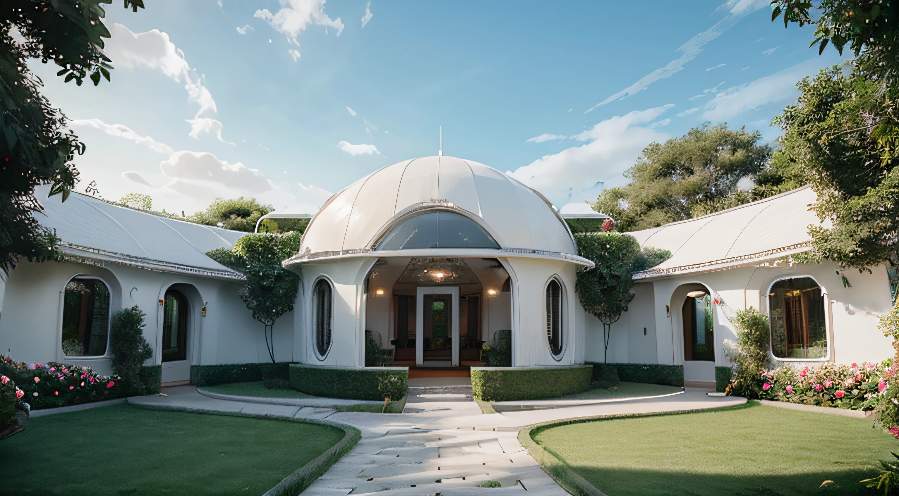 (best quality,photorealistic),(futuristic,high-tech:1.1) technological villa with a white domed roof, garden with many rose plants, white and red roses, pathway with trimmed grass)