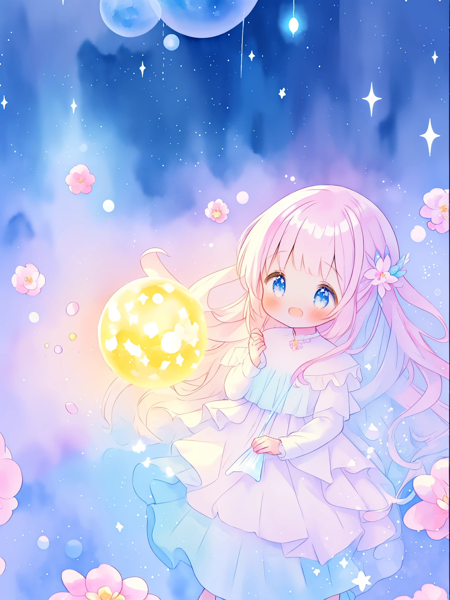 beautiful girl in sparkling white dress holding a magical sphere, ((sparkling puffy layered ballgown)), (magical, whimsical), (glowing magical orb), long flowing colorful hair, colorful fantasia background, watercolor illustration, disney art style, glowing aura around her, glowing lights, beautiful digital illustration, fantasia otherworldly landscape plants flowers, beautiful, masterpiece, best quality, anime disney style