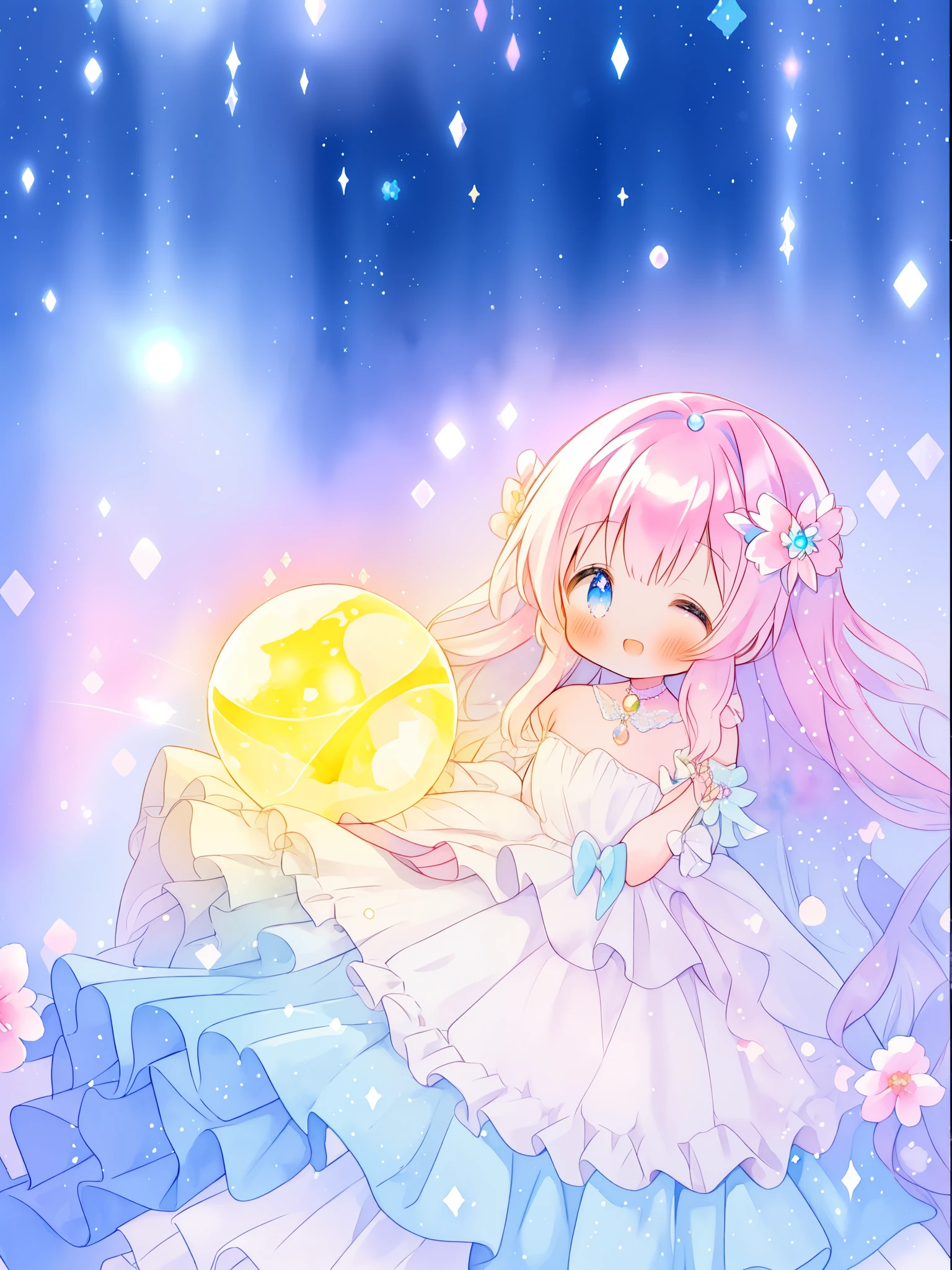 beautiful girl in sparkling white dress holding a magical sphere, ((sparkling puffy layered ballgown)), (magical, whimsical), (glowing magical orb), long flowing colorful hair, colorful fantasia background, watercolor illustration, disney art style, glowing aura around her, glowing lights, beautiful digital illustration, fantasia otherworldly landscape plants flowers, beautiful, masterpiece, best quality, anime disney style