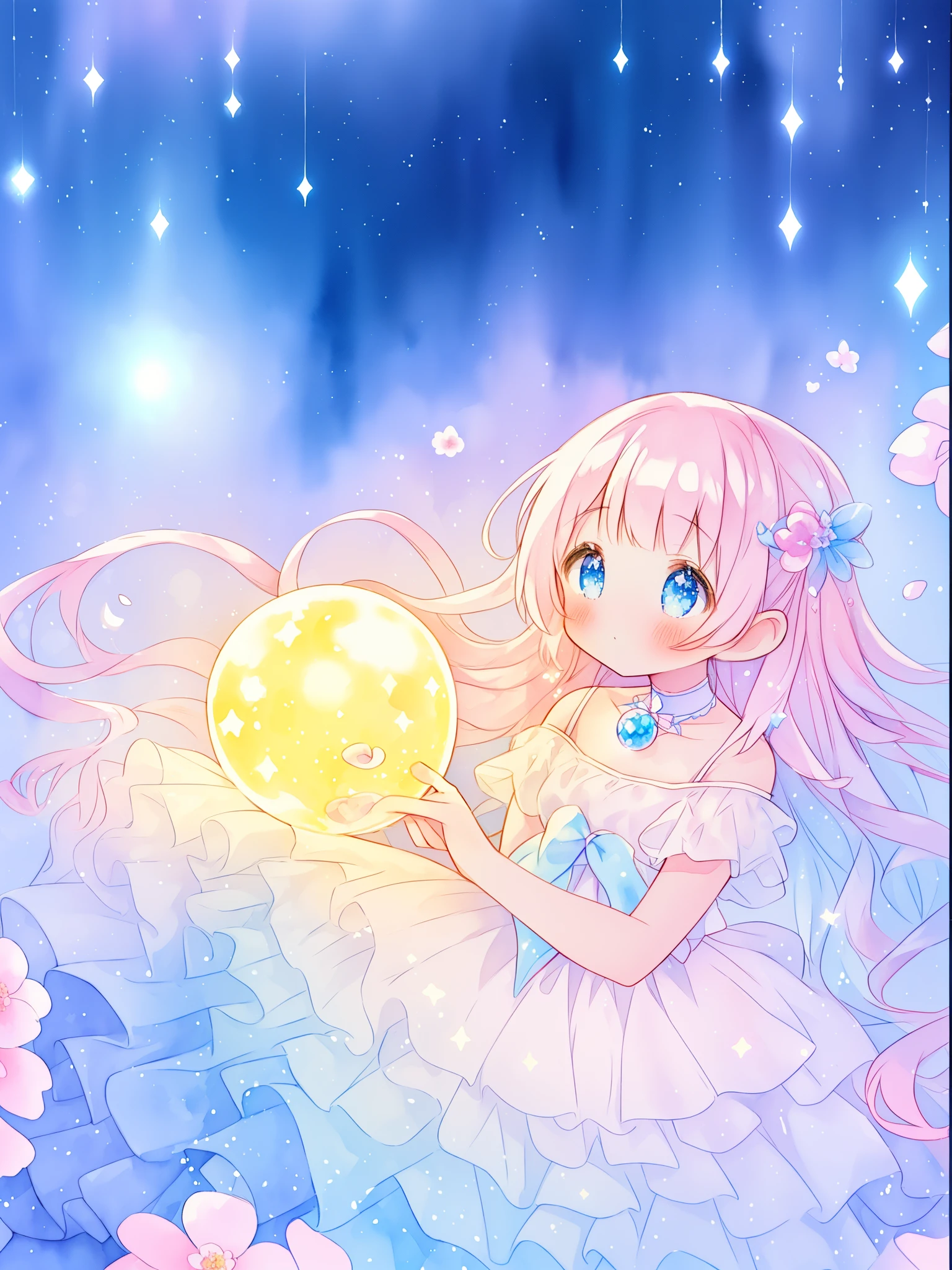 beautiful girl in sparkling white dress holding a magical sphere, ((sparkling puffy layered ballgown)), (magical, whimsical), (glowing magical orb), long flowing colorful hair, colorful fantasia background, watercolor illustration, disney art style, glowing aura around her, glowing lights, beautiful digital illustration, fantasia otherworldly landscape plants flowers, beautiful, masterpiece, best quality, anime disney style