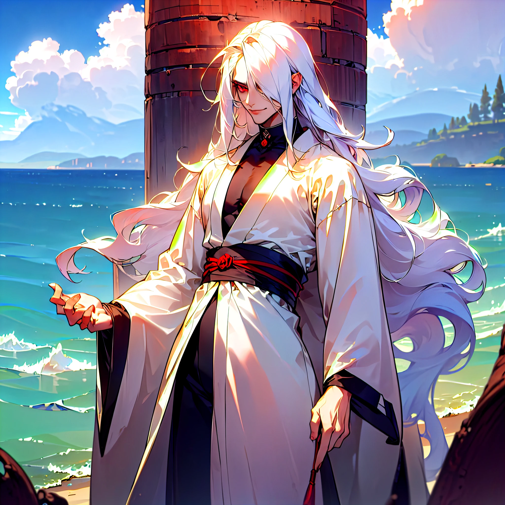 Anime - stylistic image of a man with long white hair, Man with white long hair standing in the lake and looking at the camera, ((tmasterpiece)), ((beste-Qualit, hight resolution, ultradetailed), bright colours, ((((1 male)))), Male character, grown up, tall muscular guy, wide shoulders, Strong Character, Fantasy, dnd, person, red-eyes, albino, (4 eyes:1.5), 2 Pairs of eyes, The Albino Man, Pure White Long Hair, White long hair (hair above one eye), (big hair), white colored hair, slick hair, straight hair, Creating an atmospheric atmosphere, pale skin, macabre, Gloomy design, Has red smoke and aura, eldritch, Creepy, nightmarish, light around the head, Additional lighting, Against the background of the sky, ((fluffy clouds)), bright sunny day, light mist, in a white kimono, looks at the viewer, canny smile, smirk, muscular back, Men's Back, white-haired god, White silk garment, Gold Pattern, BREAK, Dynamic posture