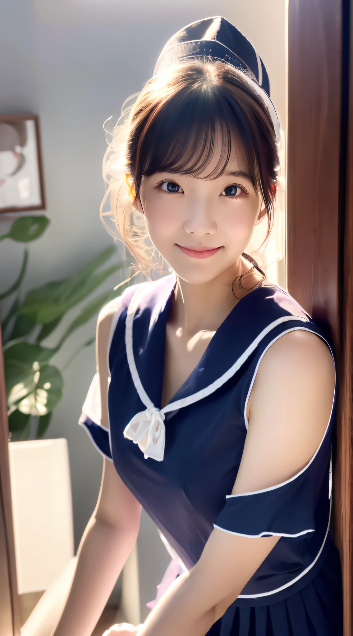 (high-level image quality、realisitic)、(me wearing a sailor suit))、Smile、placket、Room in total darkness、Black Room、There is nothing in the room、、Intense light illumination of the face and chest、25-years old、white  hair、Looking at the camera、(Pretty eyes)、(Light reflected in the eyes)、Left hand on chest、Stretch your right hand along your body、Delicate skin、Light from behind、Strong light from the front、face shines