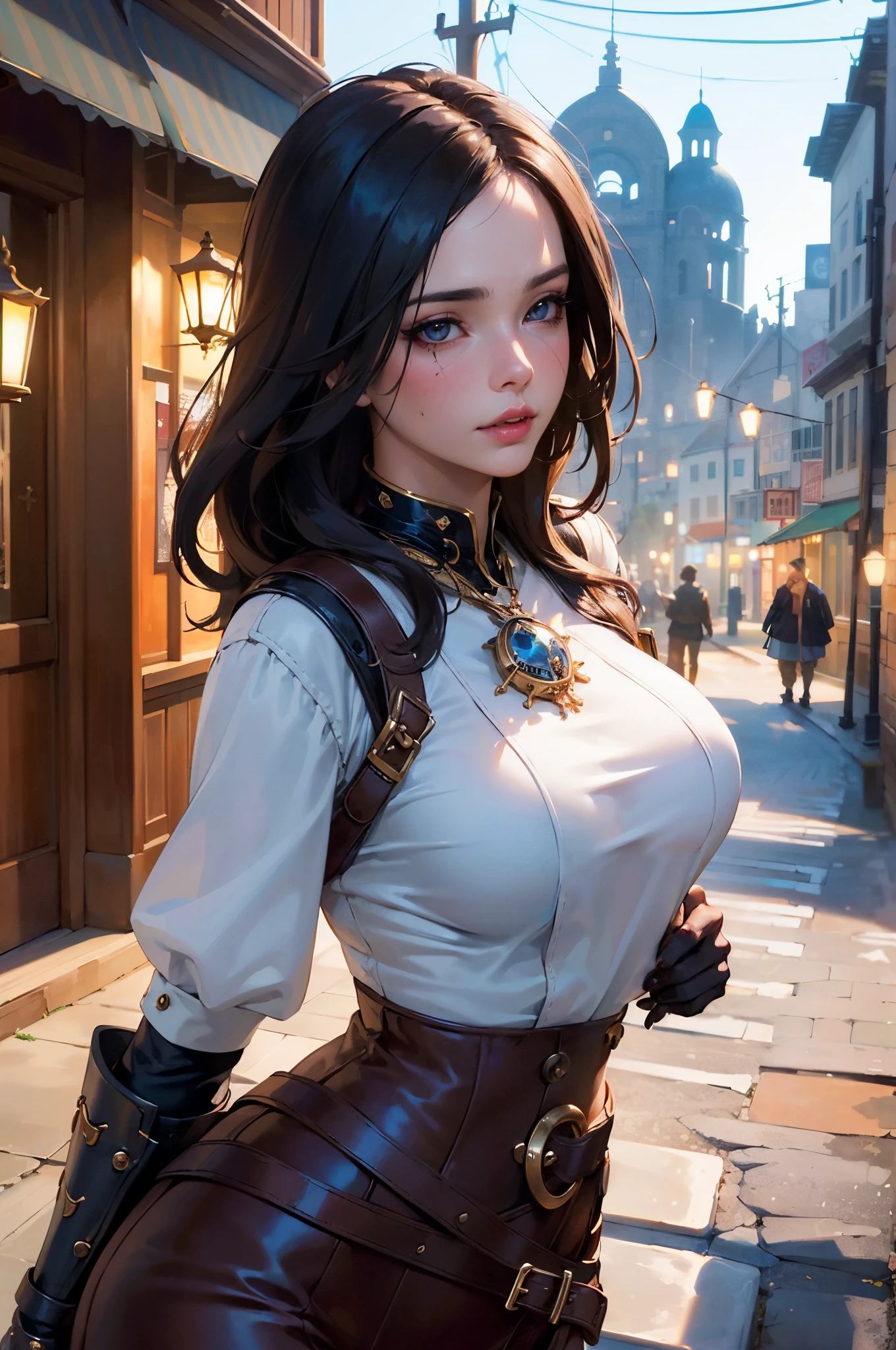 (masterpiece, best quality:1.4), (beautiful, perfect, delicate, detailed, intricate, aesthetic:1.2), realistic, cinematic shot, cinematic lighting, cinematic bloom, dramatic light, (1girl), pirate woman walking through the streets of a port town, (fantasy, pirate fantasy, epic), (perfect face, detailed face, glossy lips, eyeliner, blush), (pirate black leather armor), (dusk:1.4)