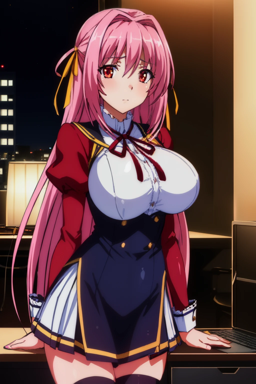 (Night:1.7), Japan, Tokyo, CityView, Before Window,in a room with a desk and chair in front of her and a computer on the desk,
Standing at attention,Hands down,(Upper_body:1.3),
red jacket,long sleeves,school uniform, skirt,puffy sleeves,red dress,thighhighs,detached sleeves,
neck ribbon,black ribbon,
pink hair,red eyes,yellow ribbon,Long_hair,
1 girl,20yo,Young female,Beautiful Finger,Beautiful long legs,Beautiful body,Beautiful Nose,Beautiful character design, perfect eyes, perfect face,
looking at viewer,(innocent_big_eyes:1.0),(expressionless:1.3),
official art,extremely detailed CG unity 8k wallpaper, perfect lighting,Colorful, Bright_Front_face_Lighting,
(masterpiece:1.0),(best_quality:1.0), ultra high res,4K,ultra-detailed,
photography, 8K, HDR, highres, absurdres:1.2, Kodak portra 400, film grain, blurry background, bokeh:1.2, lens flare, (vibrant_color:1.2)
(Beautiful,large_Breasts:1.4), (beautiful_face:1.5),(narrow_waist),