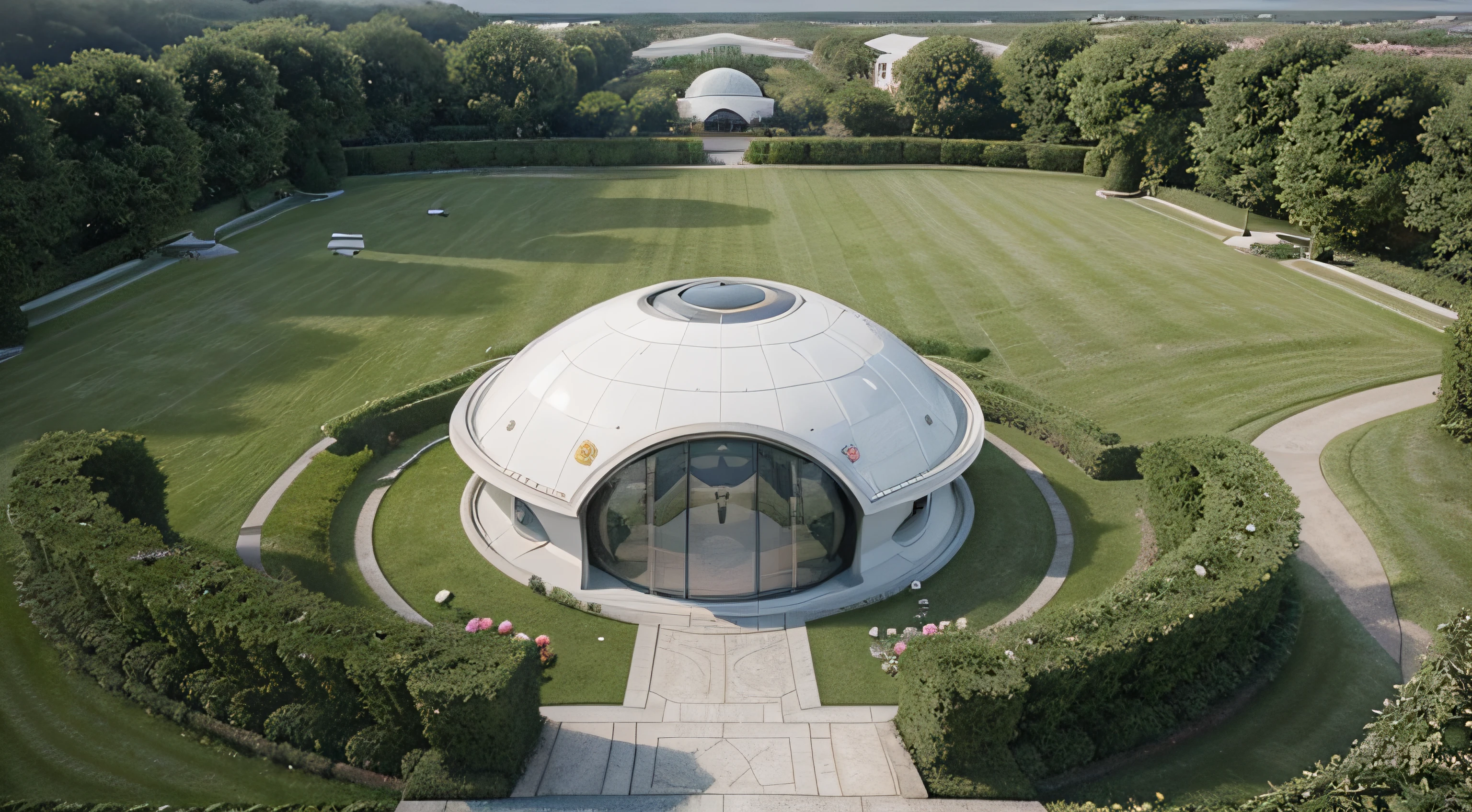 (best quality,photorealistic),(futuristic,high-tech:1.1),(panoramic perspective view), technological villa with a white domed roof, a quadricopter flies far in the sky, garden with many rose arbust overall, white and red roses, pathway with trimmed grass)