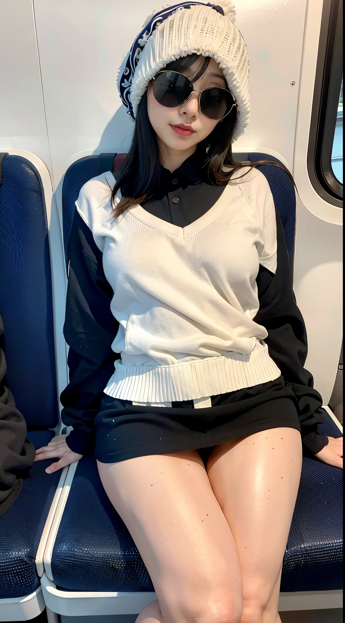 「(masutepiece, High quality, Ultra High Quality, 4K)A dark-haired、30 years old Japan girl、OL、Emphasis on the thighs、white thighhig,Soft thighs、Glossy thighs、Navy jacket:1.2、Sitting on the train at night、smil:1.3、The inside of the skirt is white panties:1.3、Opening legs:1.5、Face-to-face angle,(Angle from below),Sitting in a train seat,Sitting at the front,Zoom camera in the crotch,Feet are on the floor of the train,full body Esbian,Watching the viewer only」, Best Quality, Ultra high definition, (Photorealistic:1.4),, High resolution, detail, Raw photo, Sharp Re, Nikon D850 Film Stock Photo by Lee Jefferies 4 Kodak Portra 400 Camera F1.6 lens rich colors hyper realistic lively textures dramatic lighting unreal engine artstation trends cinestir 800,
