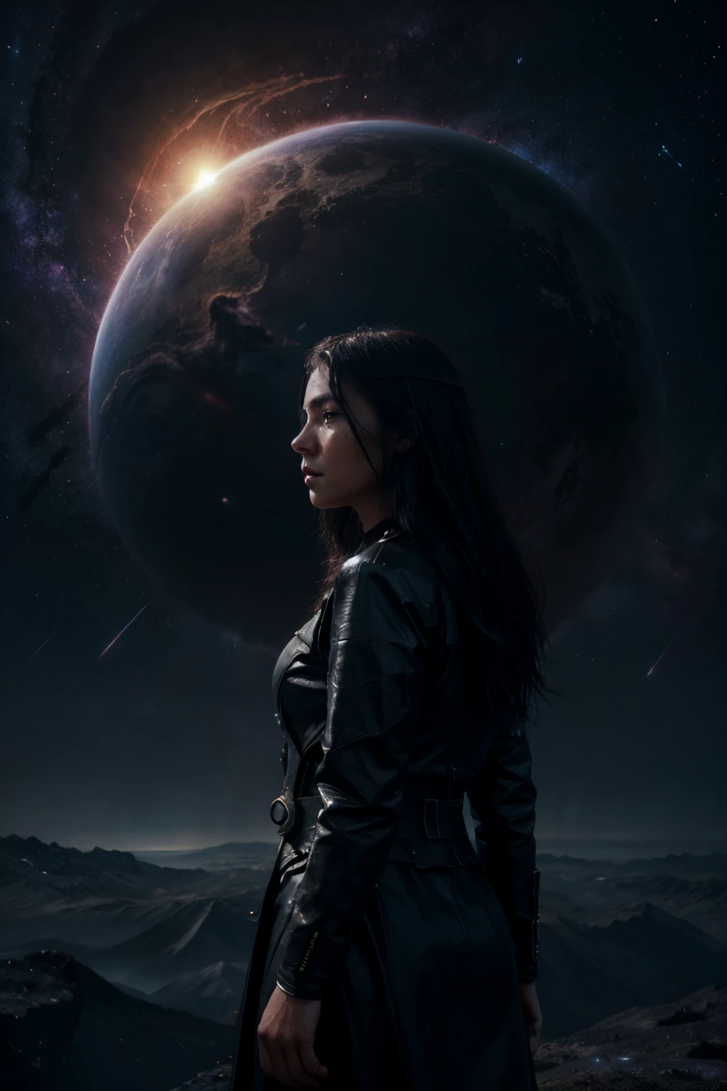dark cosmic galaxy in night sky, meteor rain, storm, big magnificent planet in center with atmosphere ring, human silhouette standing looking at horizon, digital art, fantasy art, unreal engine 5