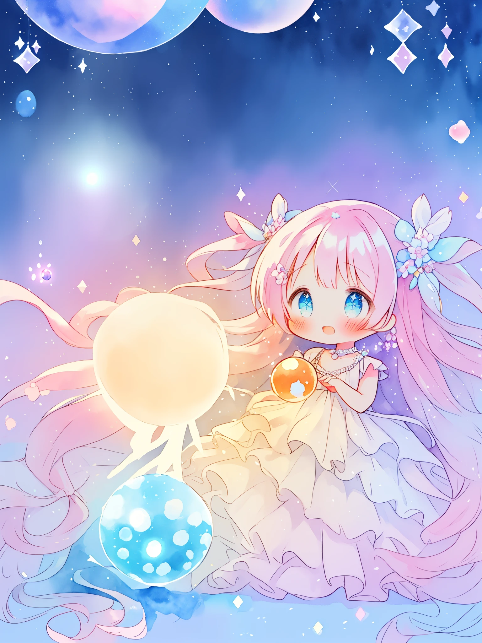 beautiful girl in sparkling white dress holding a magical sphere, ((sparkling puffy layered ballgown)), (magical, whimsical), (glowing magical orb), long flowing colorful hair, colorful fantasia background, watercolor illustration, disney art style, glowing aura around her, glowing lights, beautiful digital illustration, fantasia otherworldly landscape plants flowers, beautiful, masterpiece, best quality, anime disney style