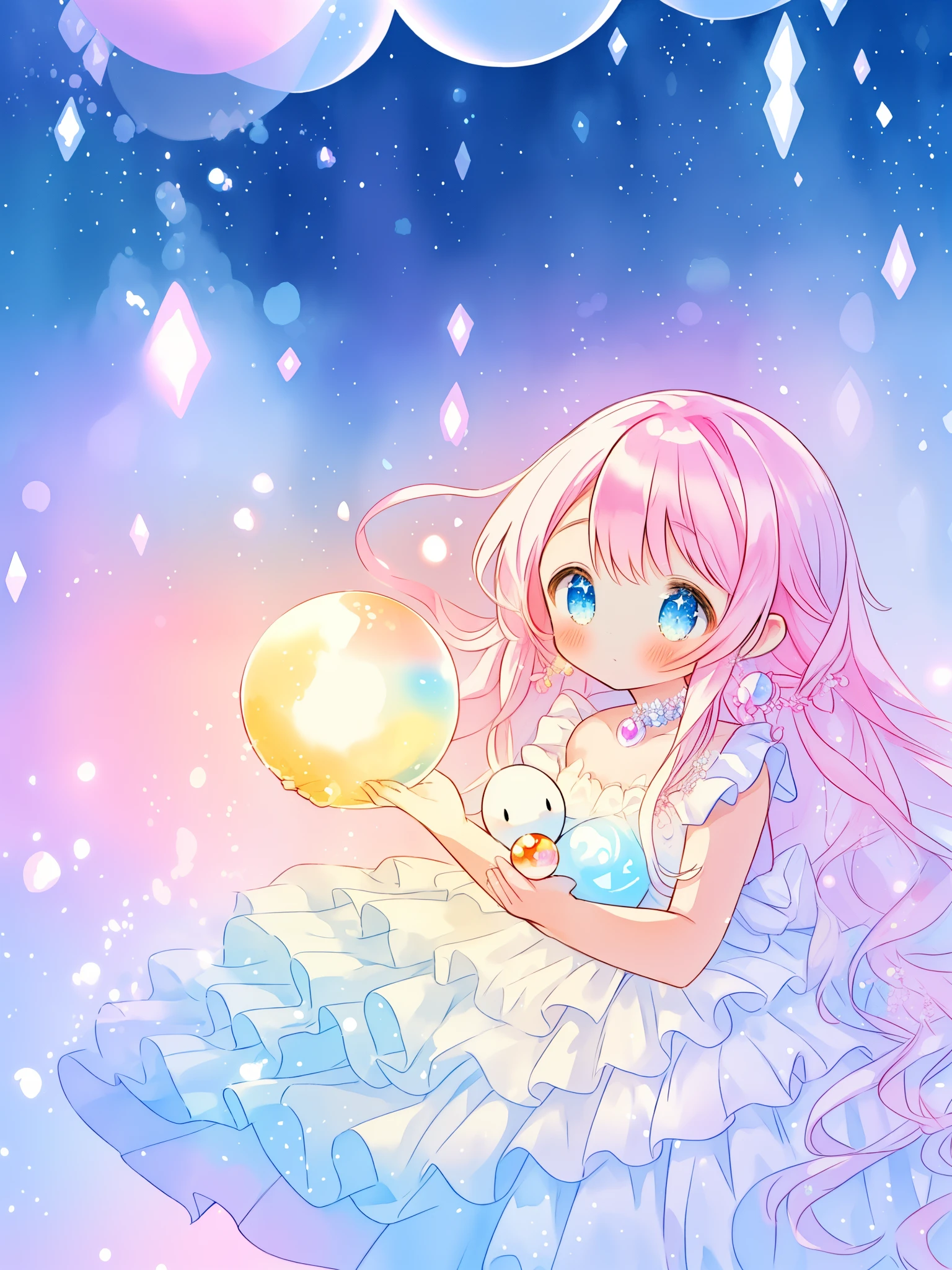 beautiful girl in sparkling white dress holding a magical sphere, ((sparkling puffy layered ballgown)), (magical, whimsical), (glowing magical orb), long flowing colorful hair, colorful fantasia background, watercolor illustration, disney art style, glowing aura around her, glowing lights, beautiful digital illustration, fantasia otherworldly landscape plants flowers, beautiful, masterpiece, best quality, anime disney style