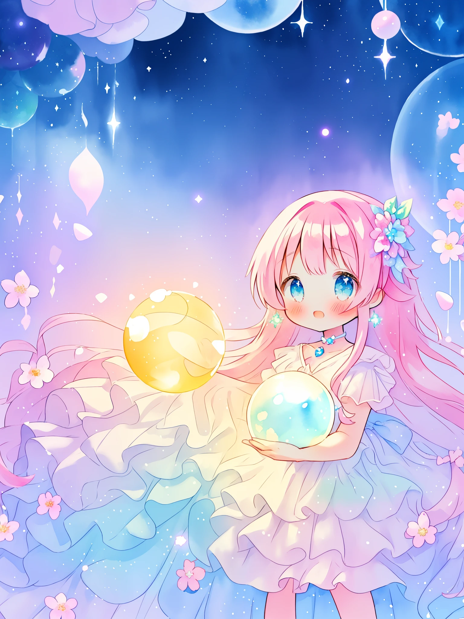 beautiful girl in sparkling white dress holding a magical sphere, ((sparkling puffy layered ballgown)), (magical, whimsical), (glowing magical orb), long flowing colorful hair, colorful fantasia background, watercolor illustration, disney art style, glowing aura around her, glowing lights, beautiful digital illustration, fantasia otherworldly landscape plants flowers, beautiful, masterpiece, best quality, anime disney style