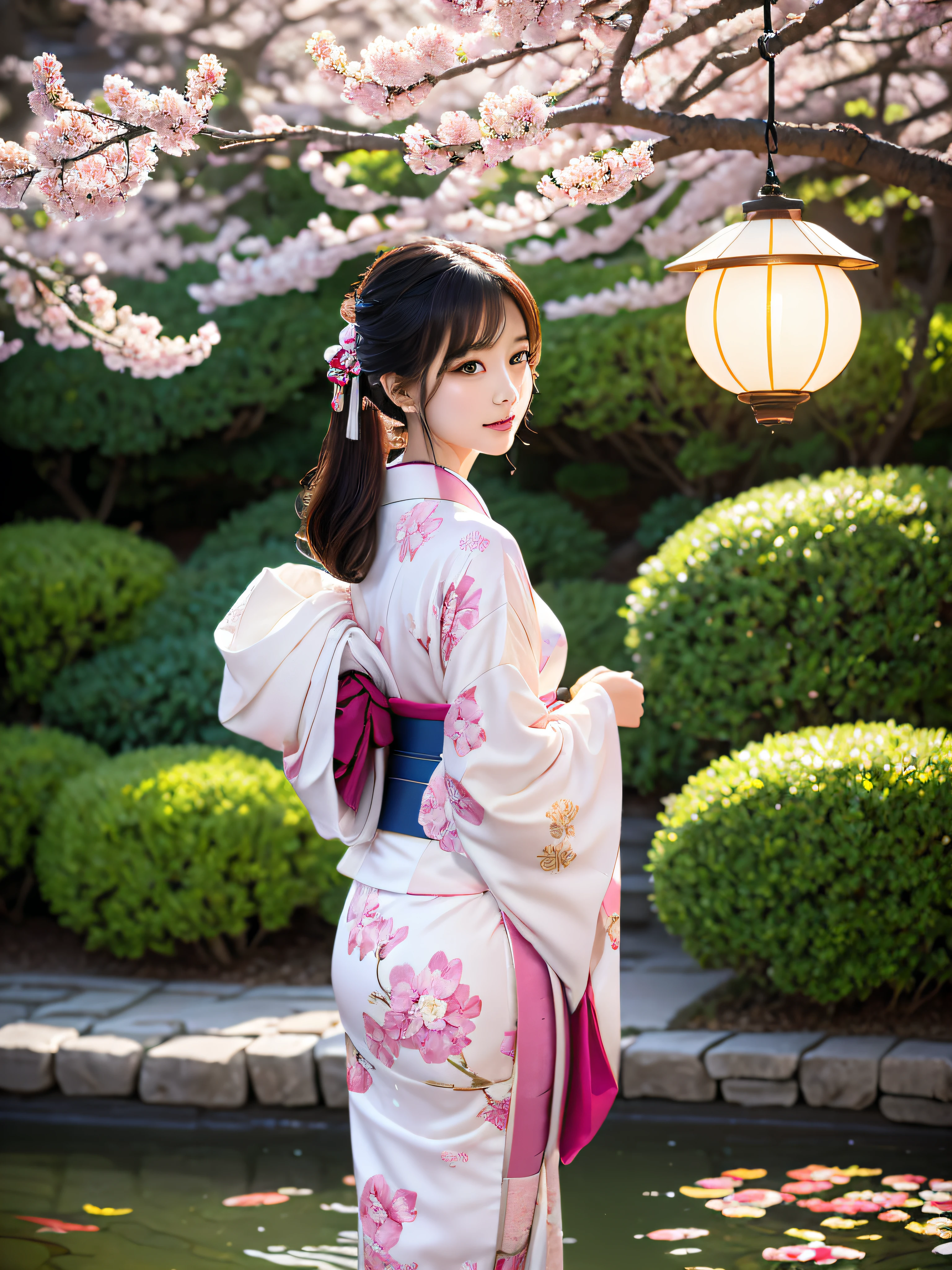 Create a detailed illustration of a beautiful young adult woman character wearing a traditional kimono。. The character must have soft features and a gentle expression., her hair is styled to complement her outfit. There should be a lot of floral patterns on the kimono.., purple, etc..々Introduction of colors, Pink, and gold, indicate a celebration or formal event. In the background、I want to express a peaceful Japanese garden with lanterns etc.。, Koi Pond, Cherry blossom petals highlight traditional beauty. The lighting should be warm and inviting, Highlighting the intricate patterns of the kimono and the natural beauty of the garden。.
