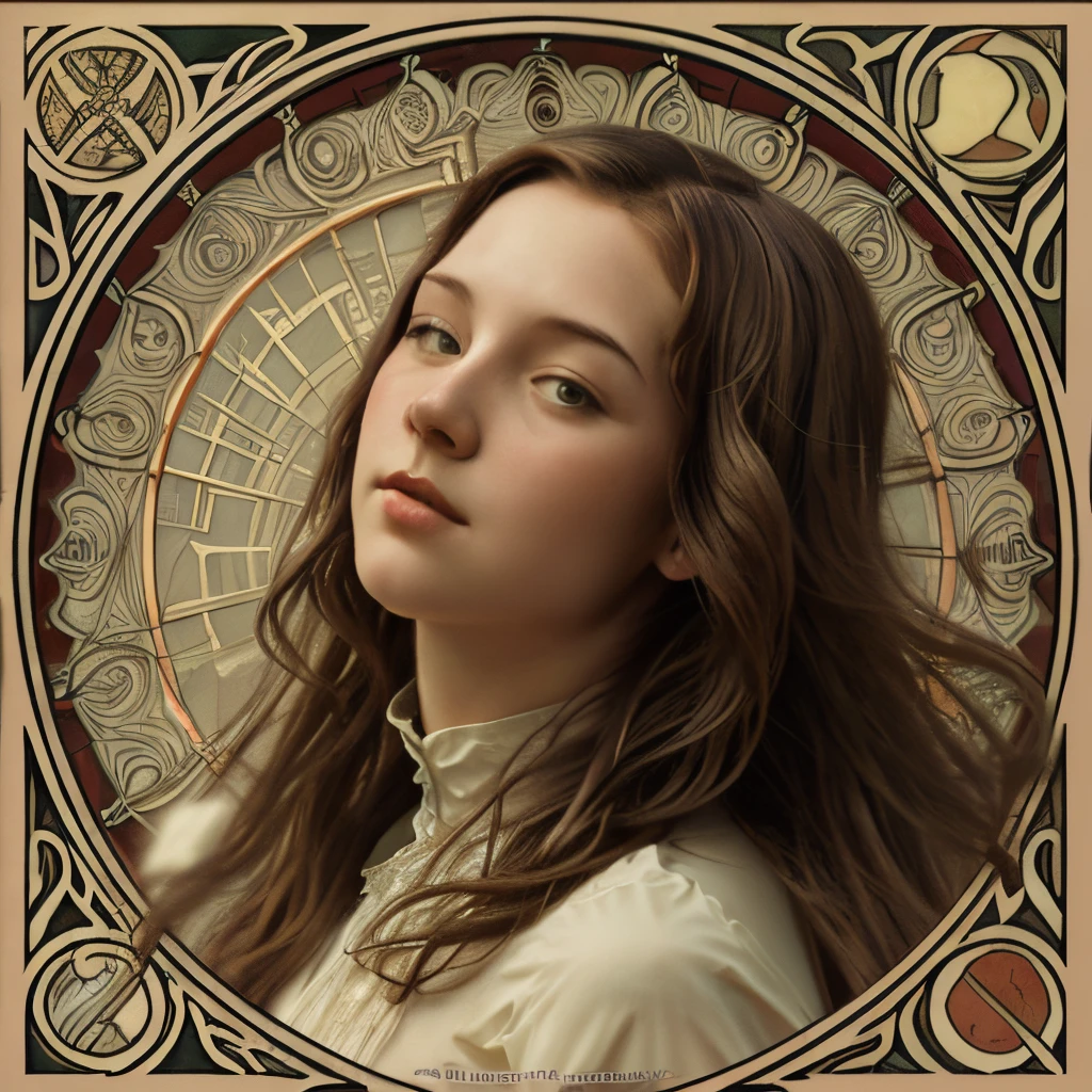 Young woman flowing hair highly detailed art nouveau much background