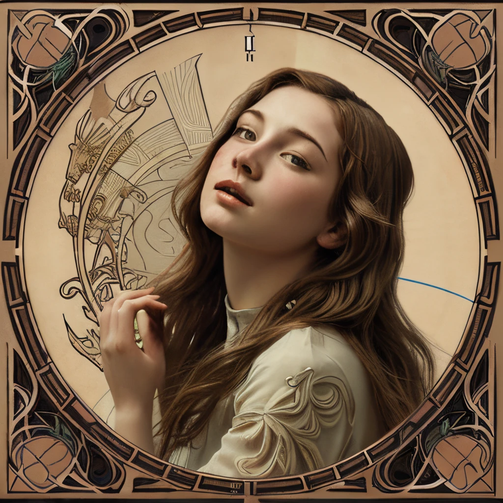 Young woman flowing hair highly detailed art nouveau much background