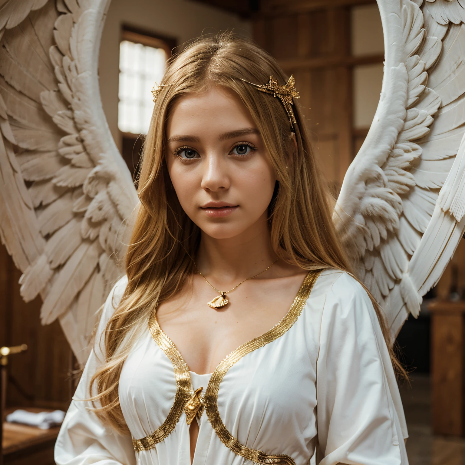 masterpiece, sadie sink and britney spears in one person, topless, as angel, with golden halo, with white wings, white robe, golden applications, ultra detailed, ultra realistic, realistic skin, very detailed background,