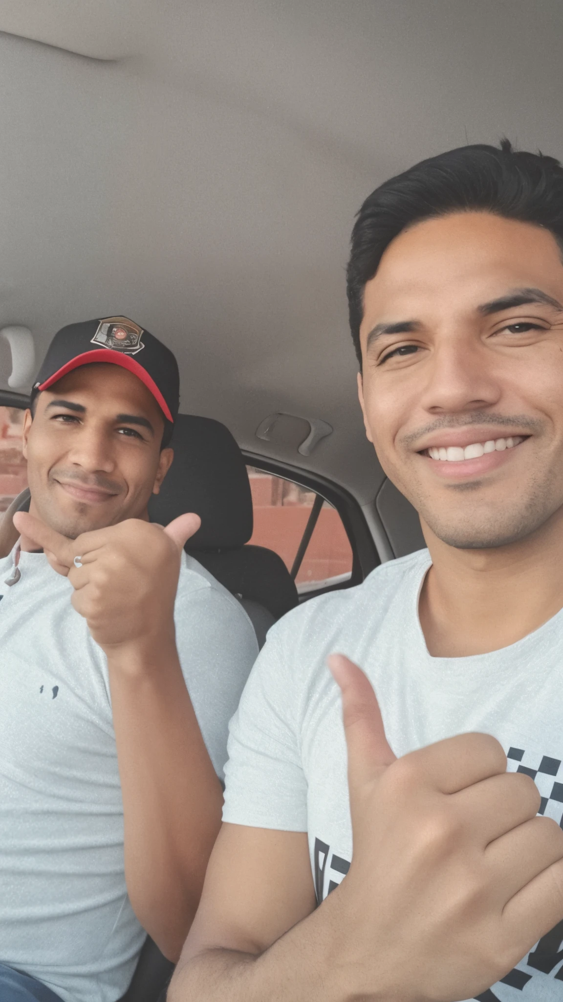 there are two men sitting in the back of a car giving the thumbs up, dan dos santos, mars ravelo and greg rutkowski, beto val, david rios ferreira, facebook post, instagram picture, eloy morales, profile picture, caio santos, adreas rocha, paul pepera pablo roldan, vale encantado, joel torres