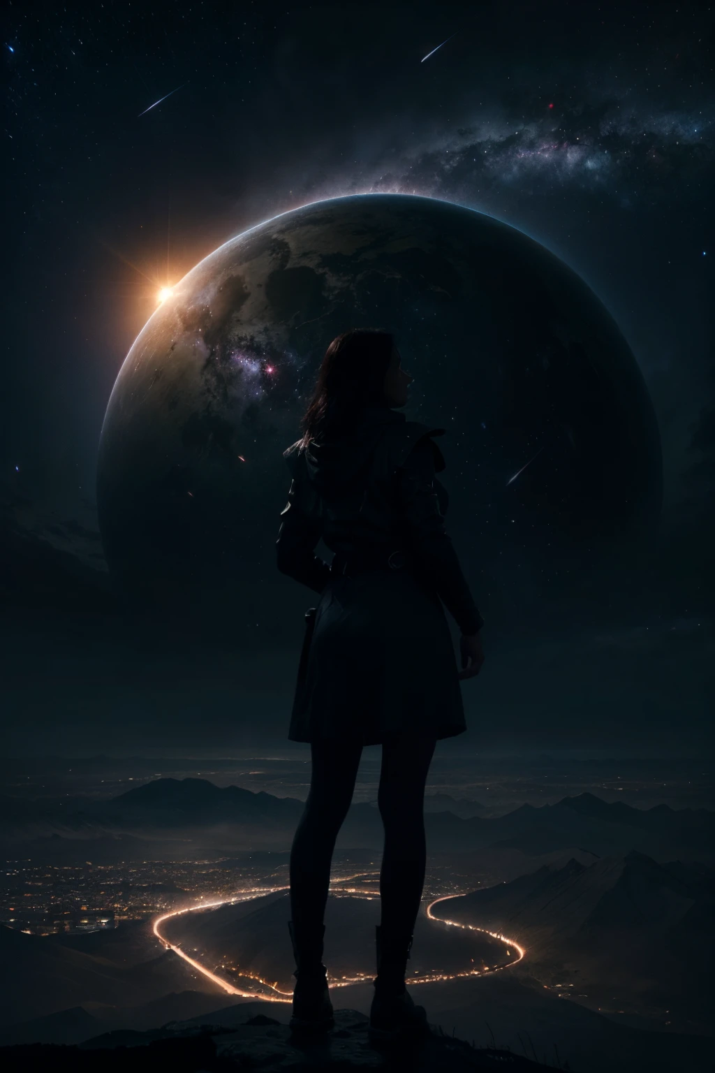 dark cosmic galaxy in night sky, meteor rain, storm, big magnificent planet in center with atmosphere ring, female
 silhouette standing looking at horizon, digital art, fantasy art, unreal engine 5
