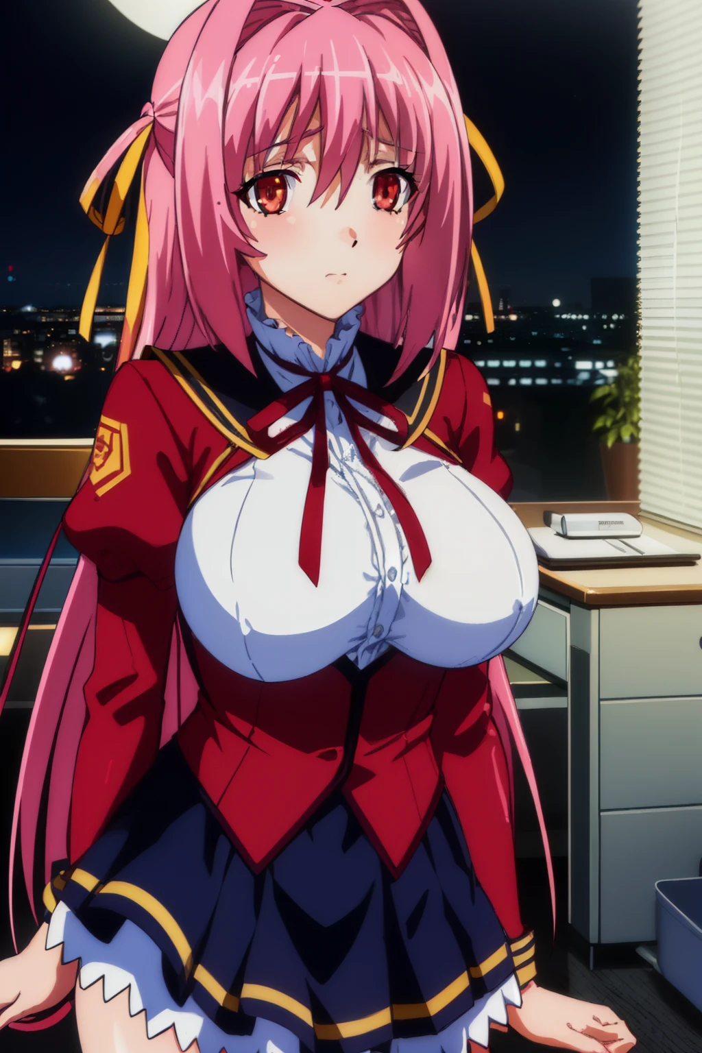 (Night:1.7), Japan, Tokyo, CityView, Before Window,in a room with a desk and chair in front of her and a computer on the desk,
Standing at attention,Hands down,(Upper_body:1.3),
red jacket,long sleeves,school uniform, skirt,puffy sleeves,red dress,thighhighs,detached sleeves,
neck ribbon,black ribbon,
pink hair,red eyes,yellow ribbon,Long_hair,
1 girl,20yo,Young female,Beautiful Finger,Beautiful long legs,Beautiful body,Beautiful Nose,Beautiful character design, perfect eyes, perfect face,
looking at viewer,(innocent_big_eyes:1.0),(expressionless:1.3),
official art,extremely detailed CG unity 8k wallpaper, perfect lighting,Colorful, Bright_Front_face_Lighting,
(masterpiece:1.0),(best_quality:1.0), ultra high res,4K,ultra-detailed,
photography, 8K, HDR, highres, absurdres:1.2, Kodak portra 400, film grain, blurry background, bokeh:1.2, lens flare, (vibrant_color:1.2)
(Beautiful,large_Breasts:1.4), (beautiful_face:1.5),(narrow_waist),