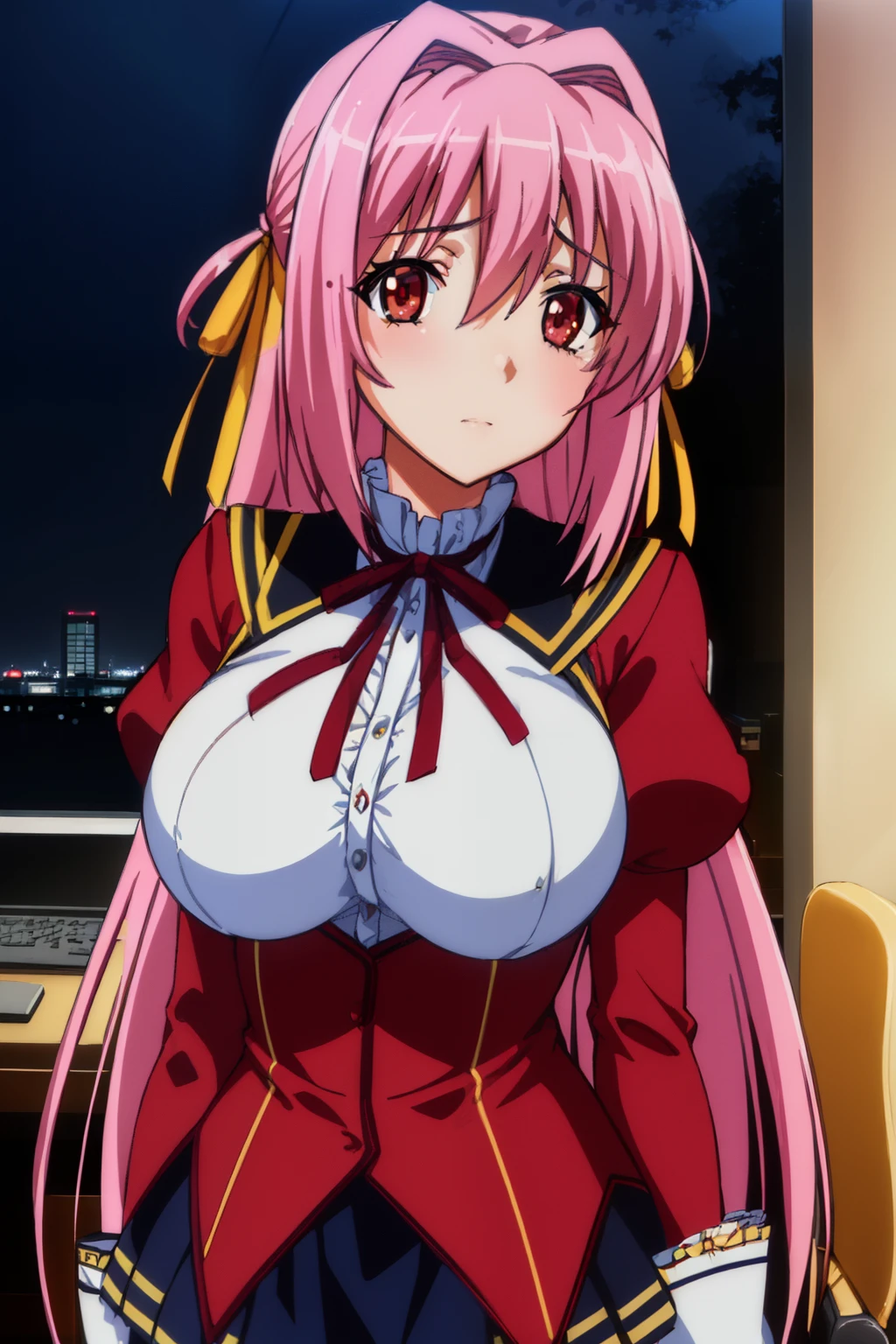 (Night:1.7), Japan, Tokyo, CityView, Before Window,in a room with a desk and chair in front of her and a computer on the desk,
Standing at attention,Hands down,(Upper_body:1.3),
red jacket,long sleeves,school uniform, skirt,puffy sleeves,red dress,thighhighs,detached sleeves,
neck ribbon,black ribbon,
pink hair,red eyes,yellow ribbon,Long_hair,
1 girl,20yo,Young female,Beautiful Finger,Beautiful long legs,Beautiful body,Beautiful Nose,Beautiful character design, perfect eyes, perfect face,
looking at viewer,(innocent_big_eyes:1.0),(expressionless:1.3),
official art,extremely detailed CG unity 8k wallpaper, perfect lighting,Colorful, Bright_Front_face_Lighting,
(masterpiece:1.0),(best_quality:1.0), ultra high res,4K,ultra-detailed,
photography, 8K, HDR, highres, absurdres:1.2, Kodak portra 400, film grain, blurry background, bokeh:1.2, lens flare, (vibrant_color:1.2)
(Beautiful,large_Breasts:1.4), (beautiful_face:1.5),(narrow_waist),