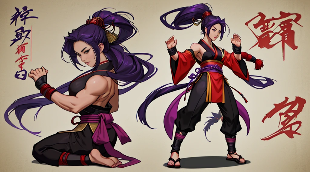 Sexy Asian warrior girl. Wearing kimono . Black and purple hair. Dragon armor motif. I'm the style of mortal Kombat. Concept art using wing chun martial arts. Show full body front and back.. show details. .