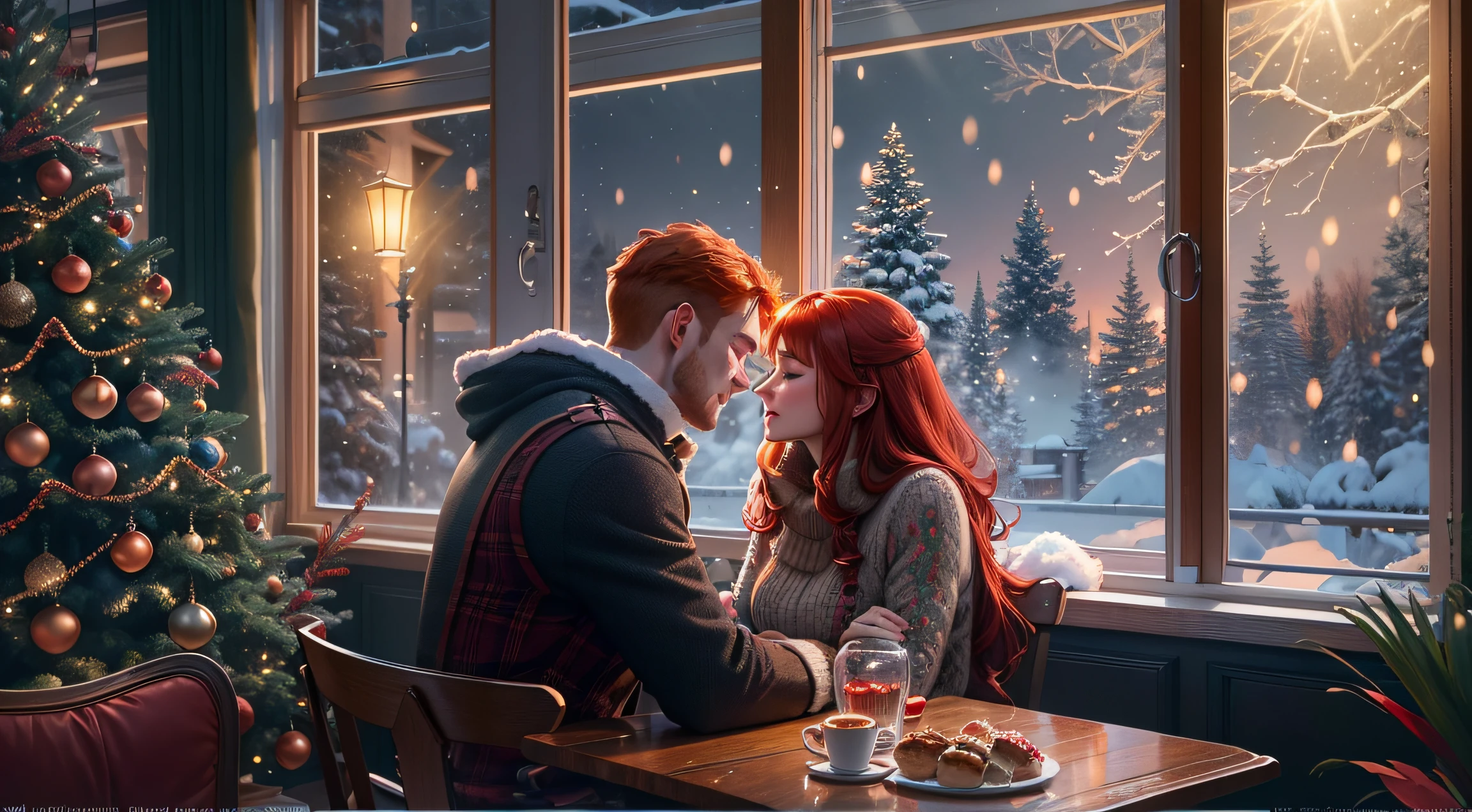 New Year's weather, pre-holiday bustle, snow outside the windows, today we decided to wait for a miracle together, 1 handsome man and 1 red-haired woman waiting for the New Year, nice cozy interior, christmas tree, festive table, garland, Masterpiece, ultradetail, Ultra Detailed, hyperrealism full HD, 4k, 8k, wallpapers, Doubleexposure, festive holiday atmosphere, dispersion, dream, Love