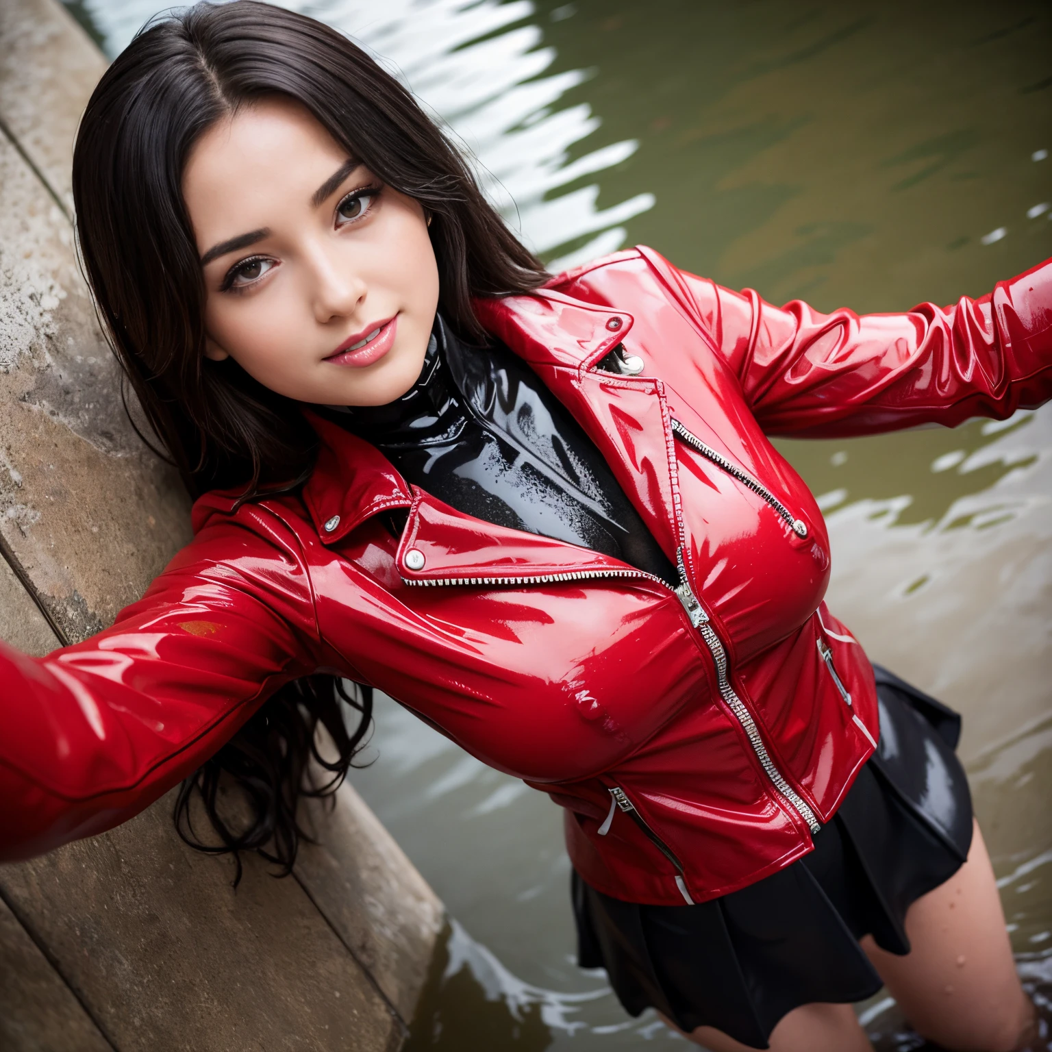 woman in a red leather jacket and skirt standing in the water, wet look, she is wearing a wet coat, on a wet london street, pretty girl standing in the rain, dressed as schoolgirl, wearing jacket and skirt, wearing atsuko kudo latex outfit, soaked, wet streets, wearing red jacket, grin, shirt and tie, soaked, drenched, wet clothes, dripping wet, dripping oil, wet hair