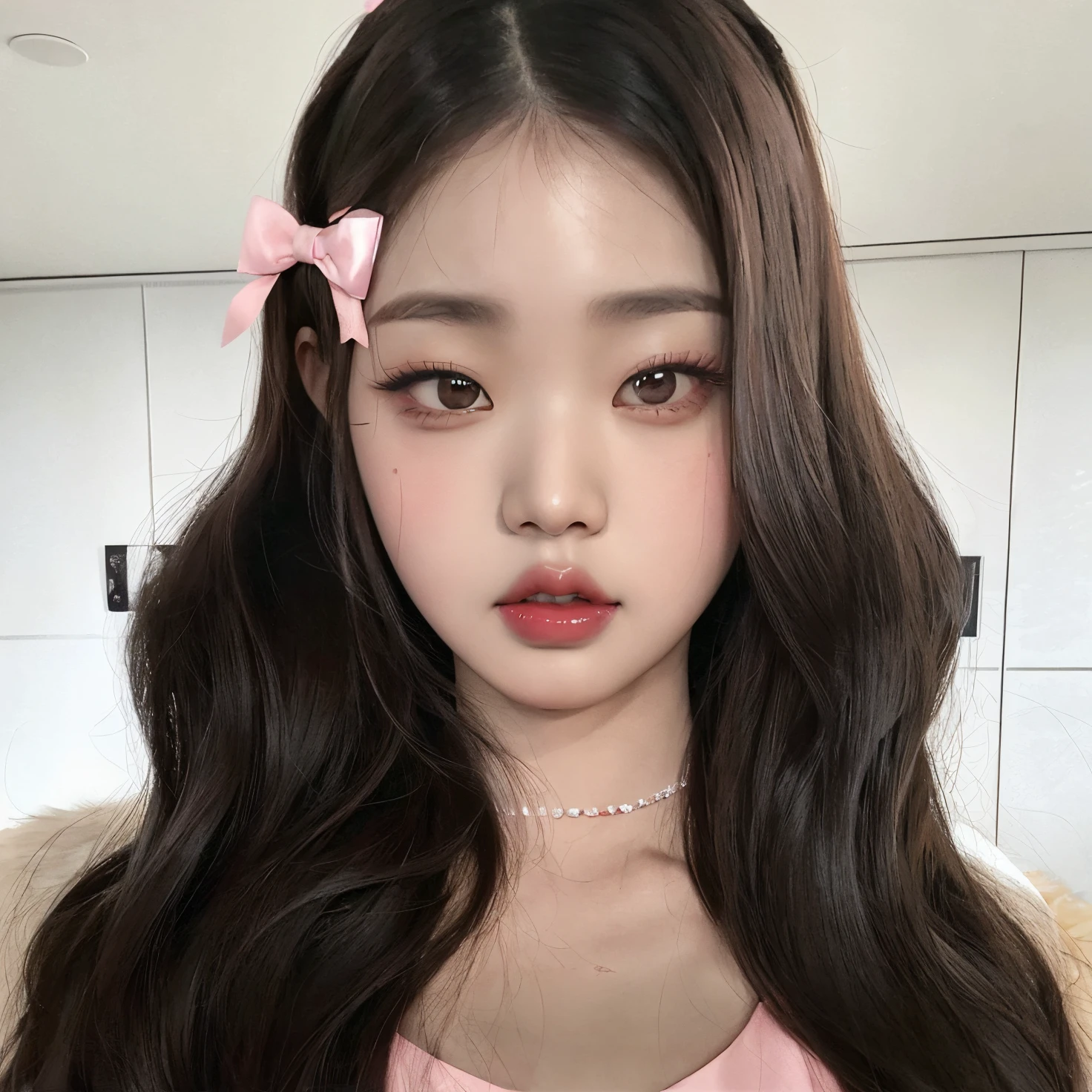 Arafed Asian girl with long hair wearing a pink dress and a pink bow, ulzzang, Jaeyeon Nam, Jinyoung Shin, Wan adorable cara coreana, Blackpink Jennie, El Corte Hime, Jossi de Blackpink, Joven y adorable rostro coreano, Retrato de Jossi de Blackpink, Lalisa Manobal, Chica coreana, maquillaje popular de Corea del Sur, Rasgos de la cara coreana