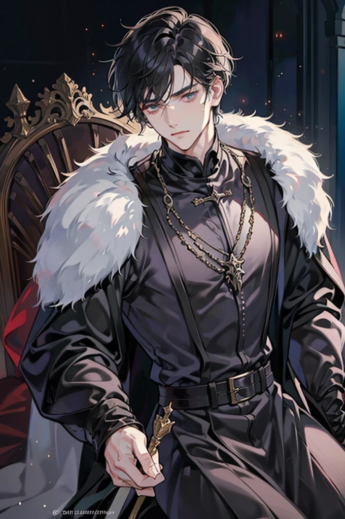 1 male, short messy black hair with bangs, handsome, sharp features, detailed eyes, tall and lean body, condescending, arrogant, royalty, tyrannical ruler, wearing black, medieval fantasy, dark souls, throne