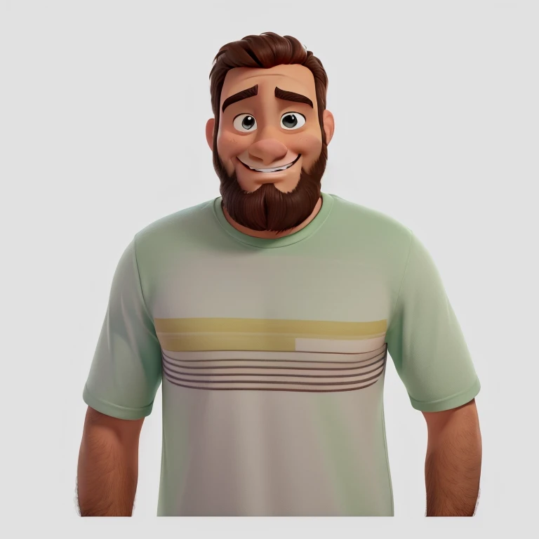 Estilo pixar disney desenho animado, Homem magro de barba, sorrindo dentes separados, usando camiseta na cor verde.