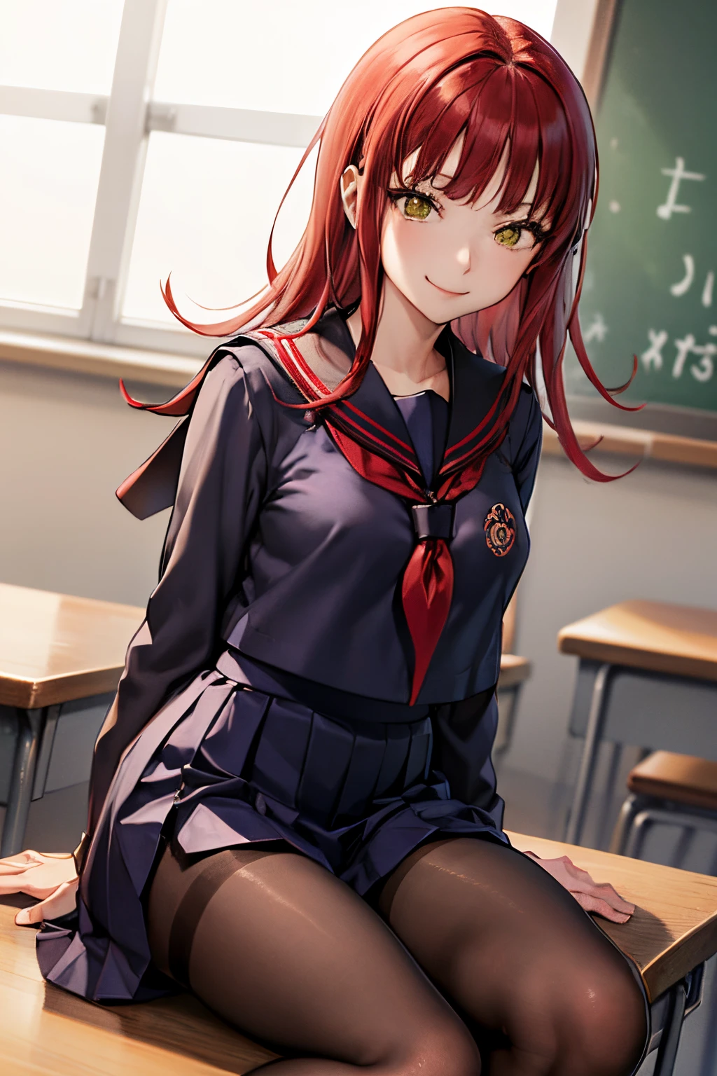 masutepiece, Best Quality, absurderes, Perfect Anatomy, 1girl in, Solo, Yoko Katori, Long hair、 ((‎Classroom))、((A smile))、((pantyhose))、((Japan school uniform))、((a sailor suit))、((lowfers))