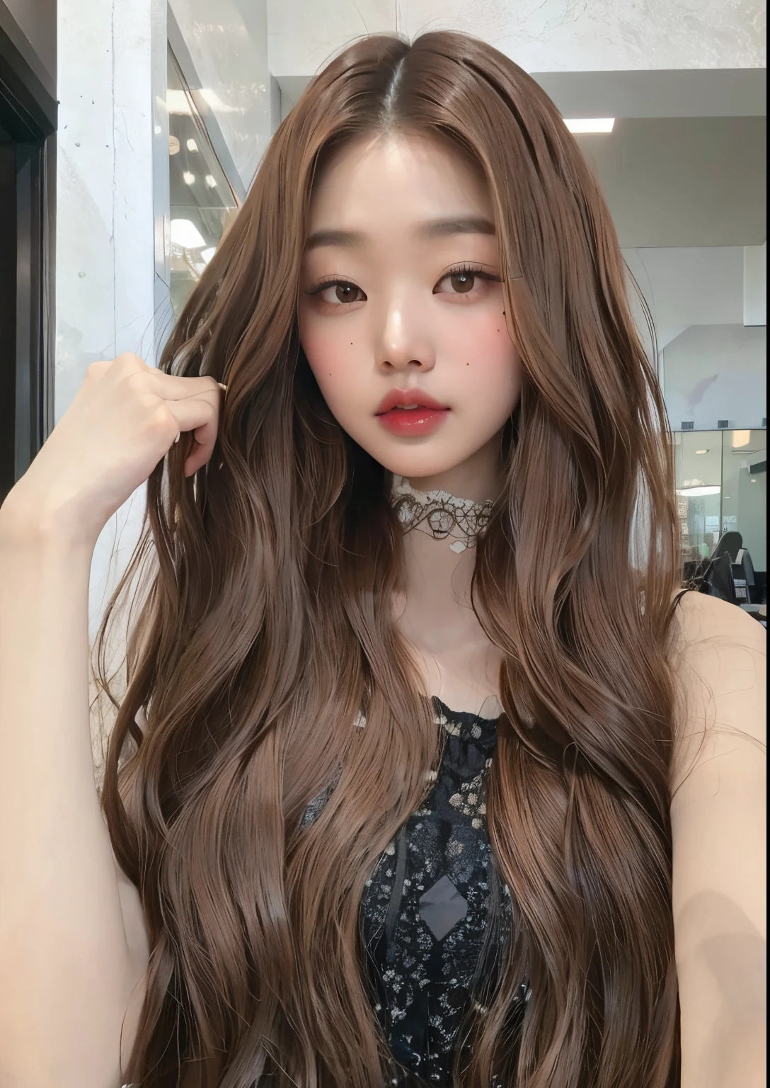 Un primer plano de una mujer con el pelo largo que lleva un estrangulador, brown long hair with bangs, ulzzang, Long brown hair, flowing brown hair, light brown long wavy hair, coral brown hair, Long wavy brown hair, con el pelo largo, Jaeyeon Nam, brown long hair, Blackpink Jennie, long wavy brown hair, maquillaje popular de Corea del Sur