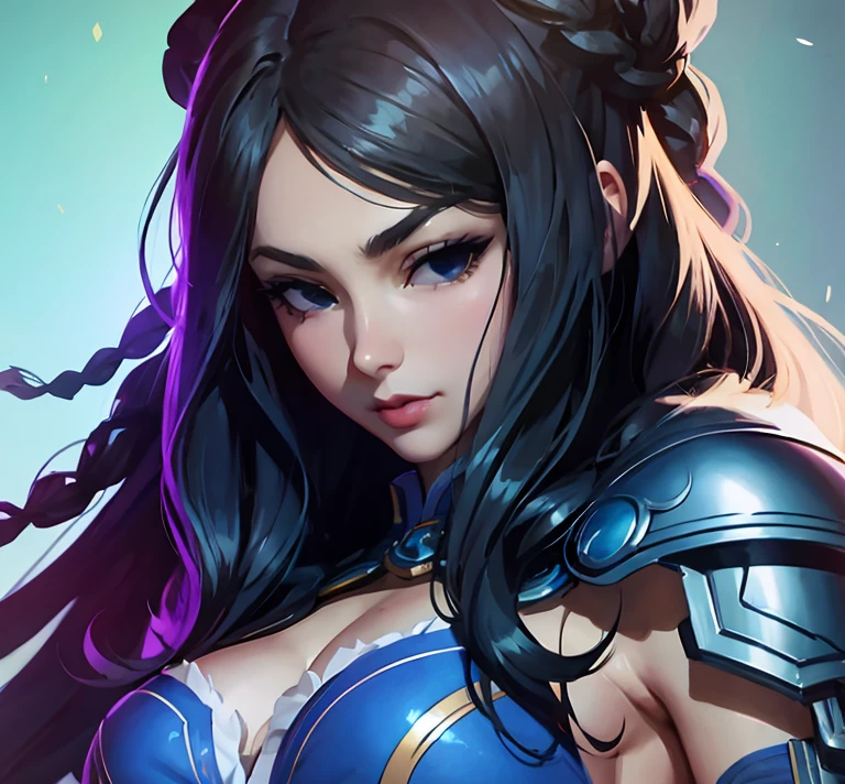 Kitana, black hair, Masterpiace, hot woman, high quality, super detail, make-up, after orgasm, blue halo, purple background